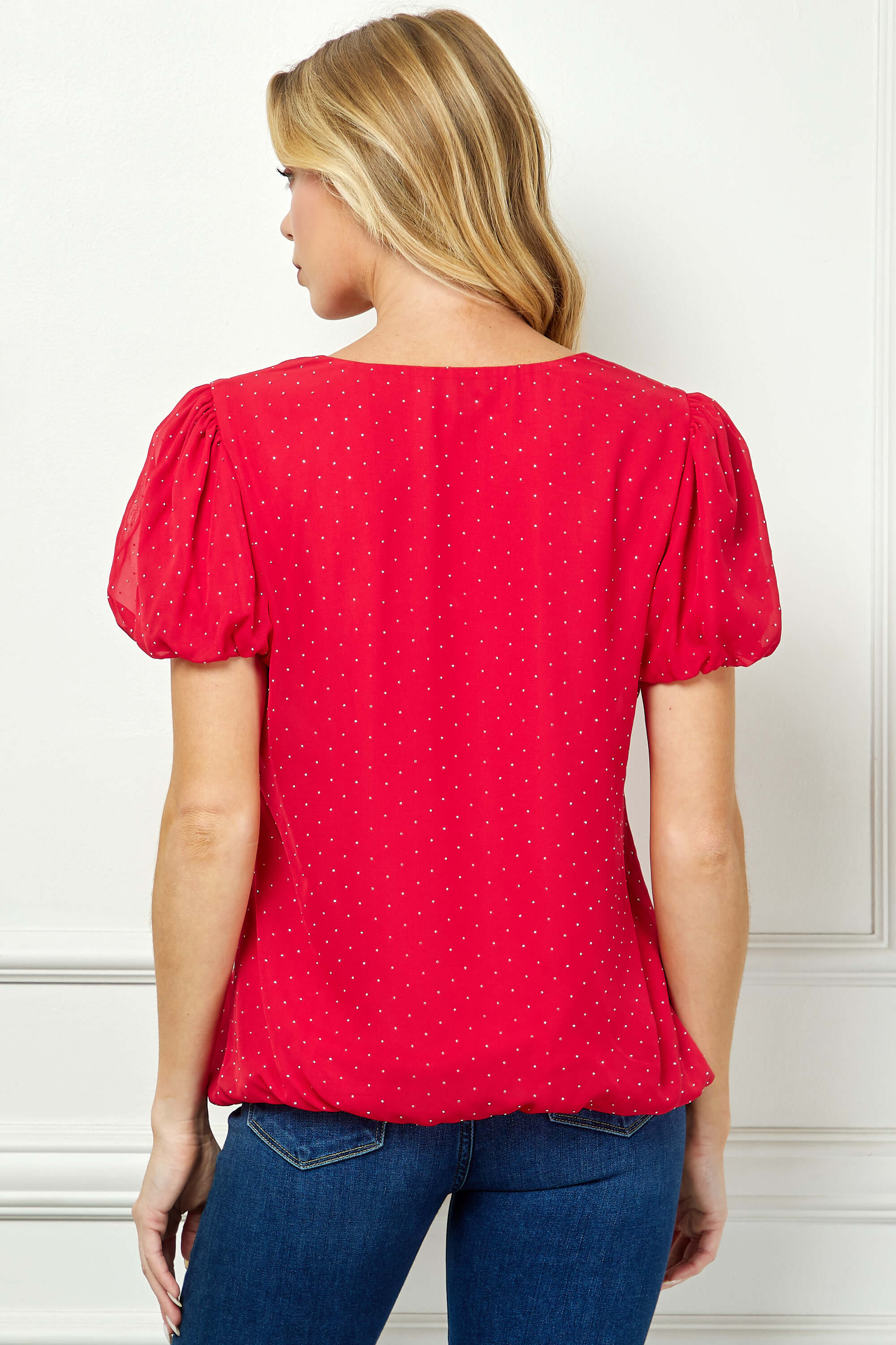 Short Puff Sleeve Cutout Neck Bubble Blouse in Red - Image 4