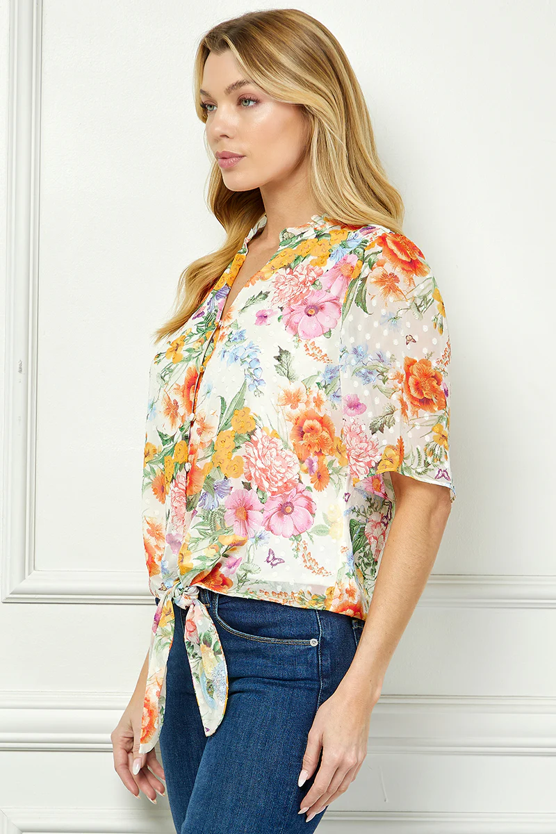 Short Sleeve V-Ruffle Neck Tie Front Blouse in Ivory/Coral/Pink - Image 3