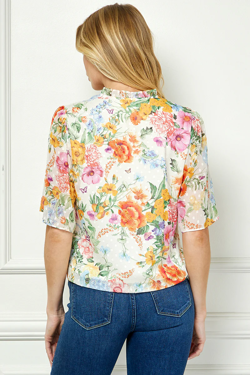 Short Sleeve V-Ruffle Neck Tie Front Blouse in Ivory/Coral/Pink - Image 4