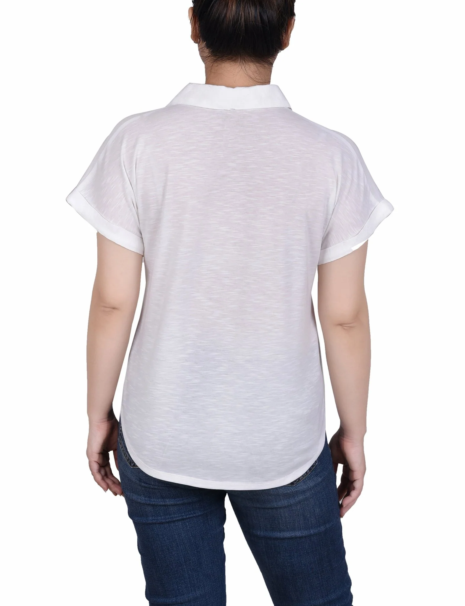 Short Sleeve Woven Front/Jersey Back Blouse - Petite - Image 3