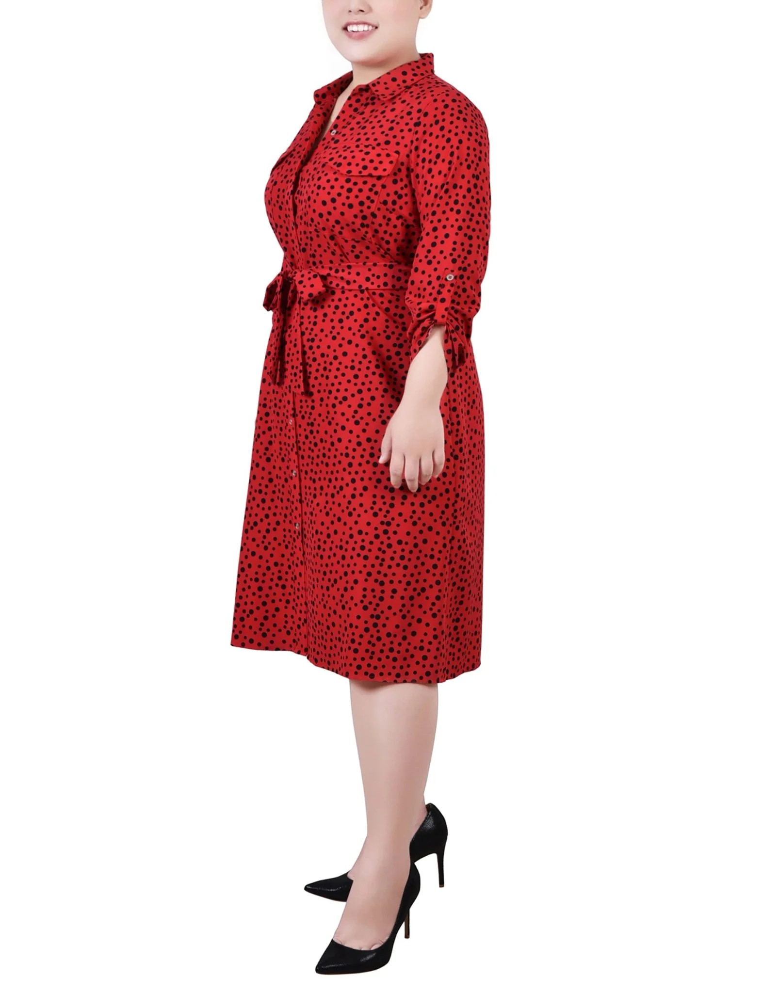 Ski Patrol Black Icemoon 3/4 Roll Tab Sleeve Belted Shirtdress - Plus - Image 2