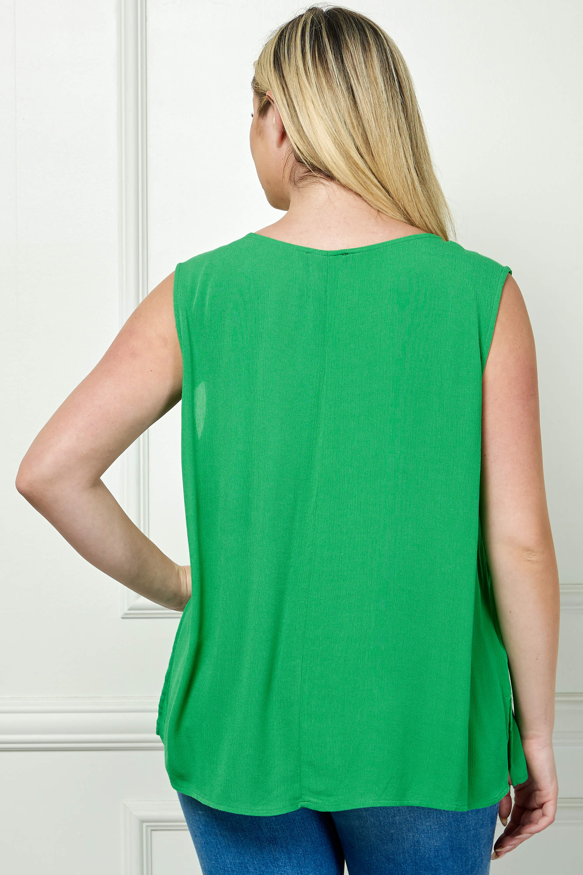 Sleeveless Embroidered Yoke Split Neck Blouse in Kelly Green - Plus - Image 4