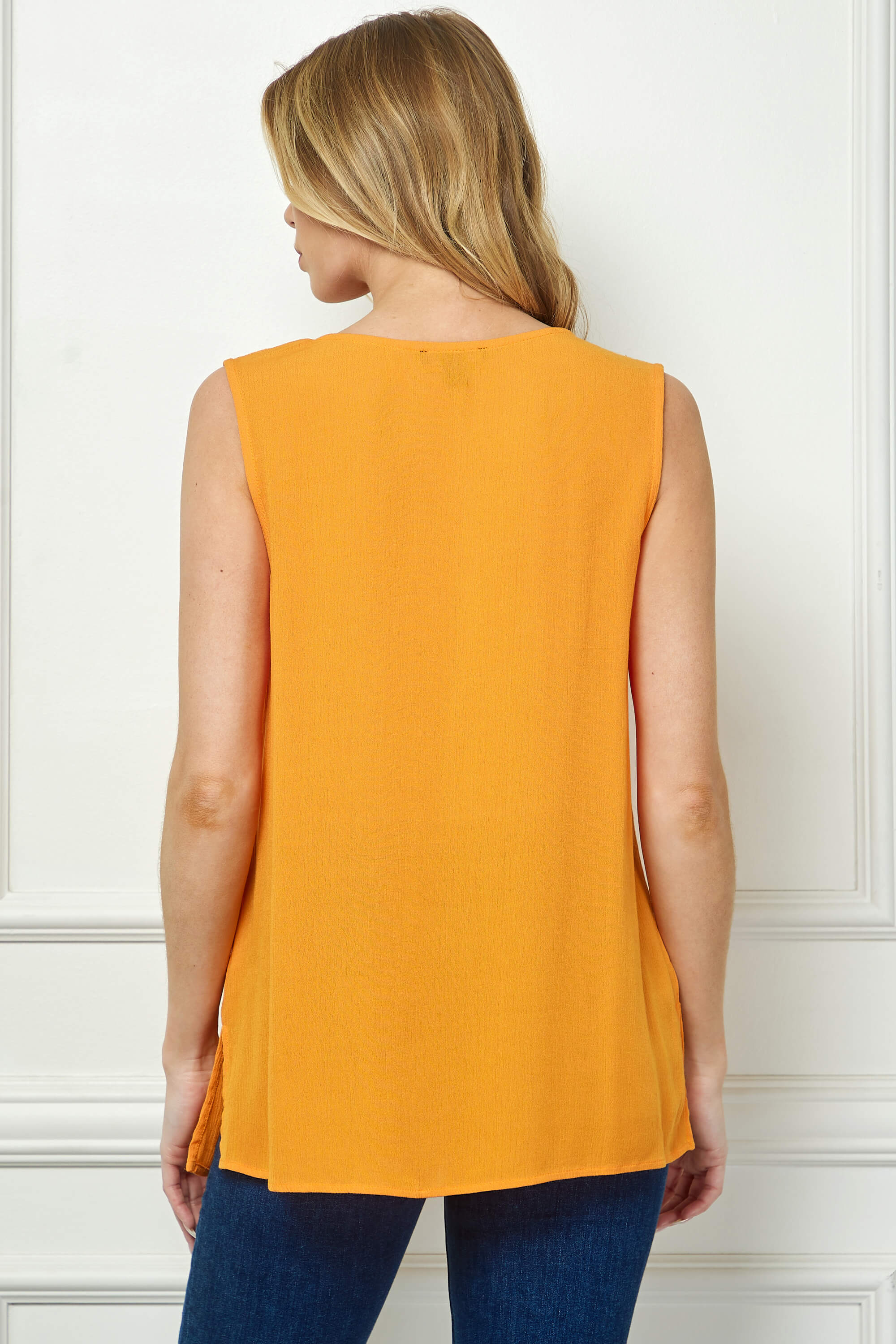 Sleeveless Embroidered Yoke Split Neck Blouse in Orange - Image 4