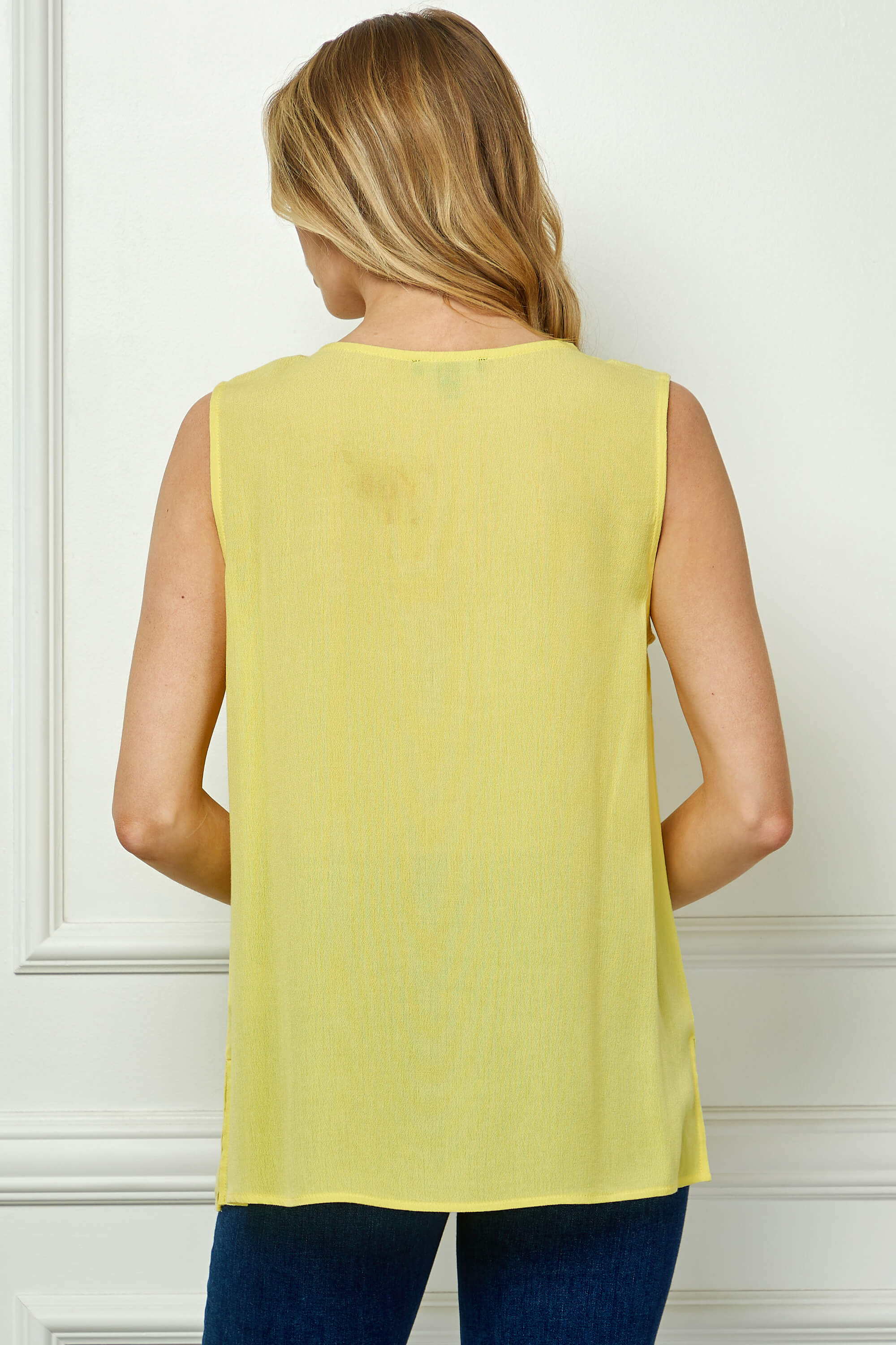 Sleeveless Embroidered Yoke Split Neck Blouse in Yellow - Image 4