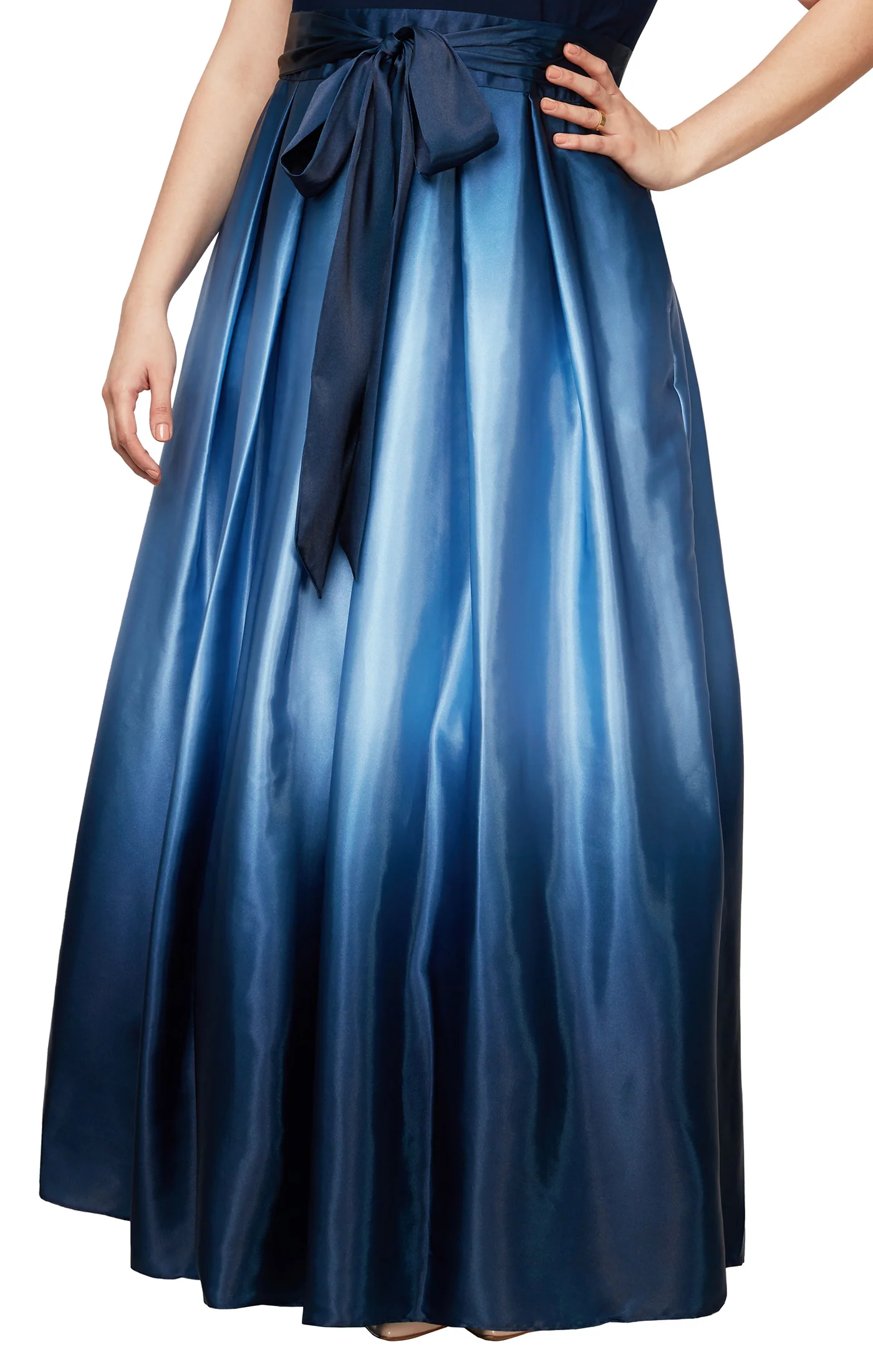 Sleeveless Gown with Satin Ombre Skirt & Tie Belt - Nvy - Plus - Image 3