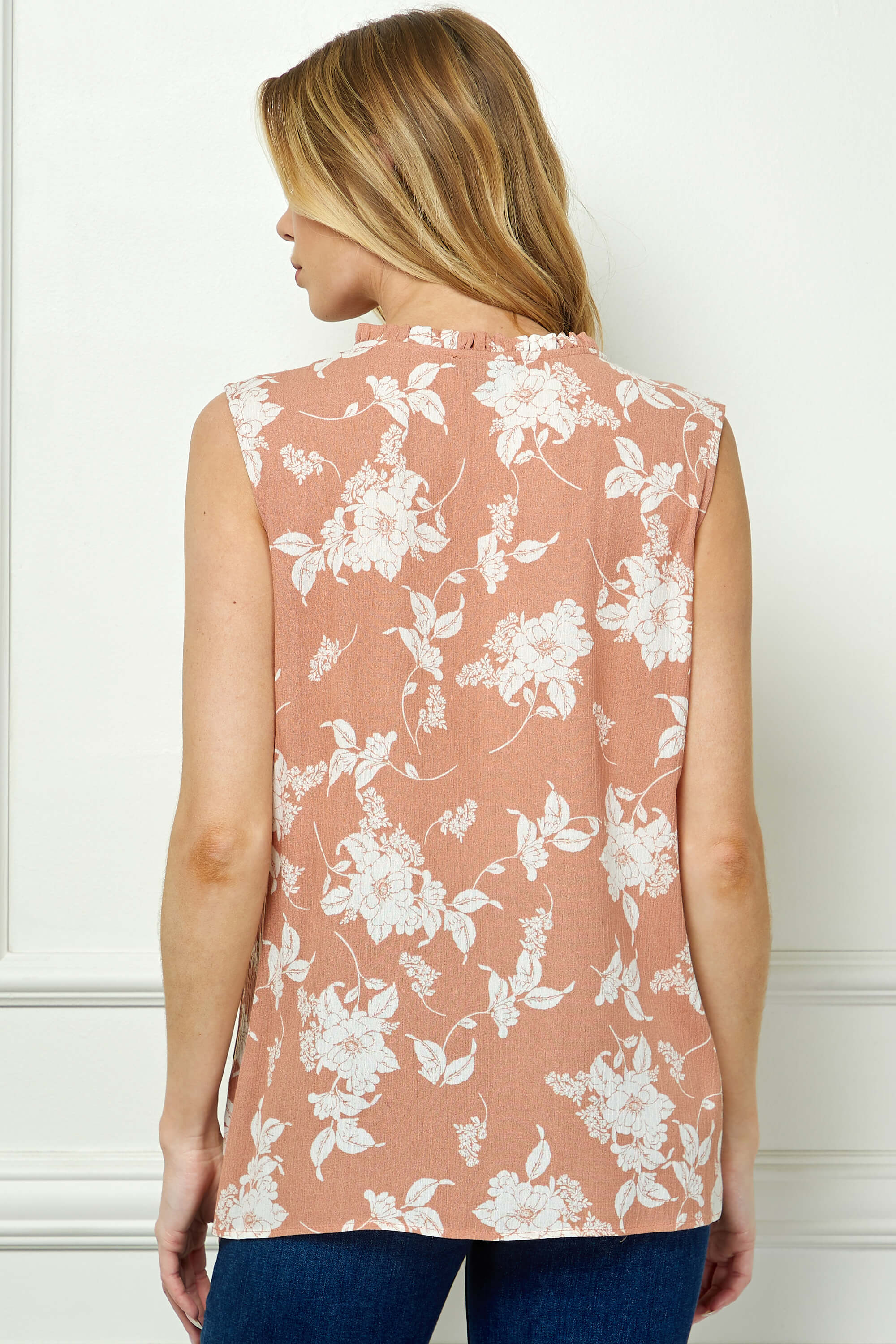 Sleeveless Ruffle Split Neck Tassel Blouse in Coral - Image 4