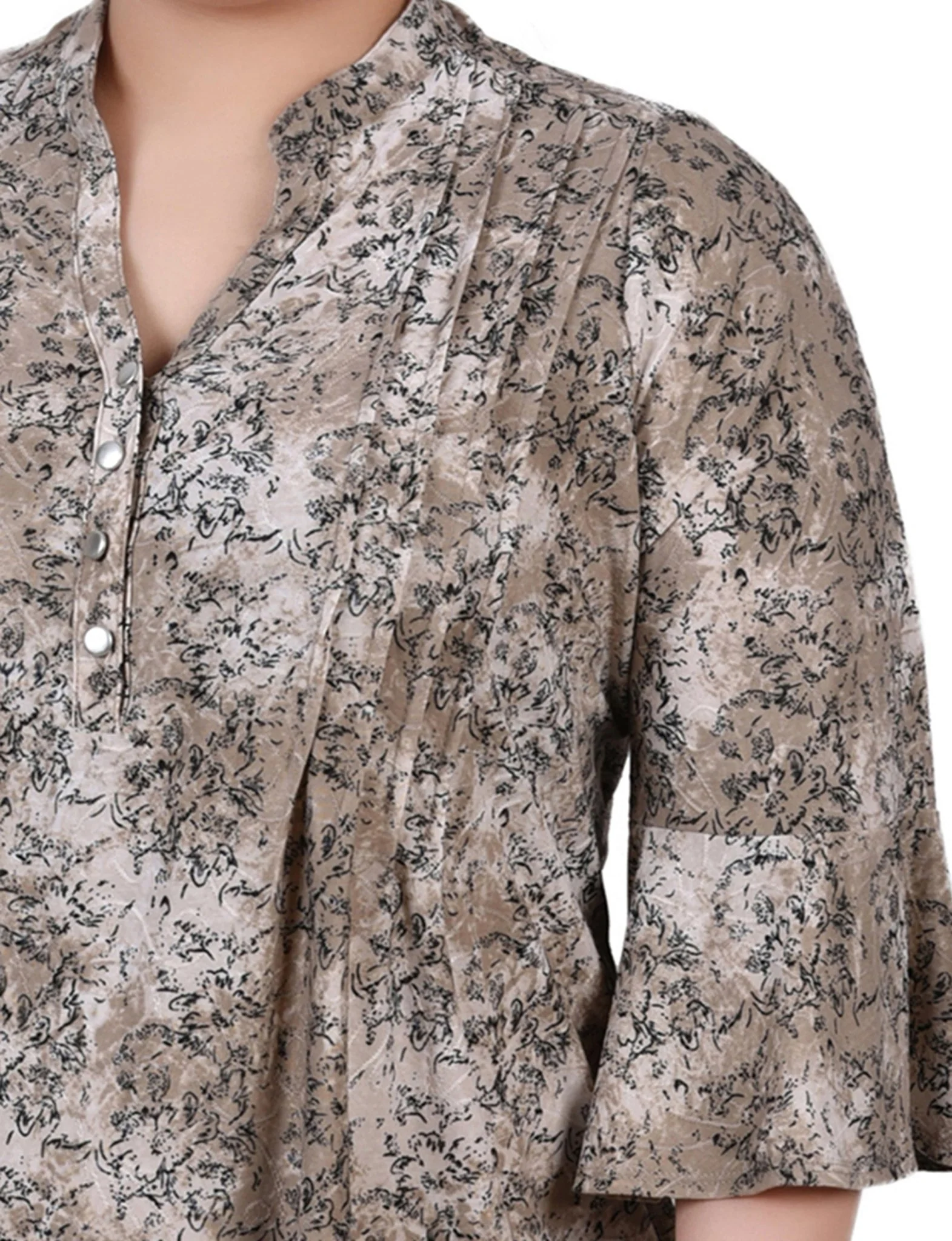 Taupe Etch 3/4 Bell Sleeve Pleat Front Y Neck Top - Plus - Image 3