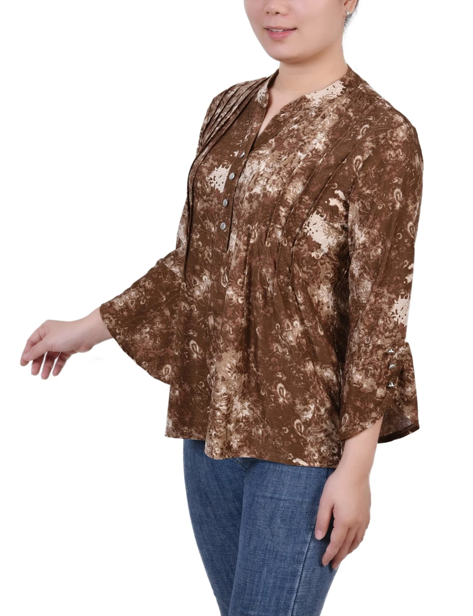 Taupe Geobreeze 3/4 Sleeve Overlapped Bell Sleeve Y Neck Top - Petite - Image 2