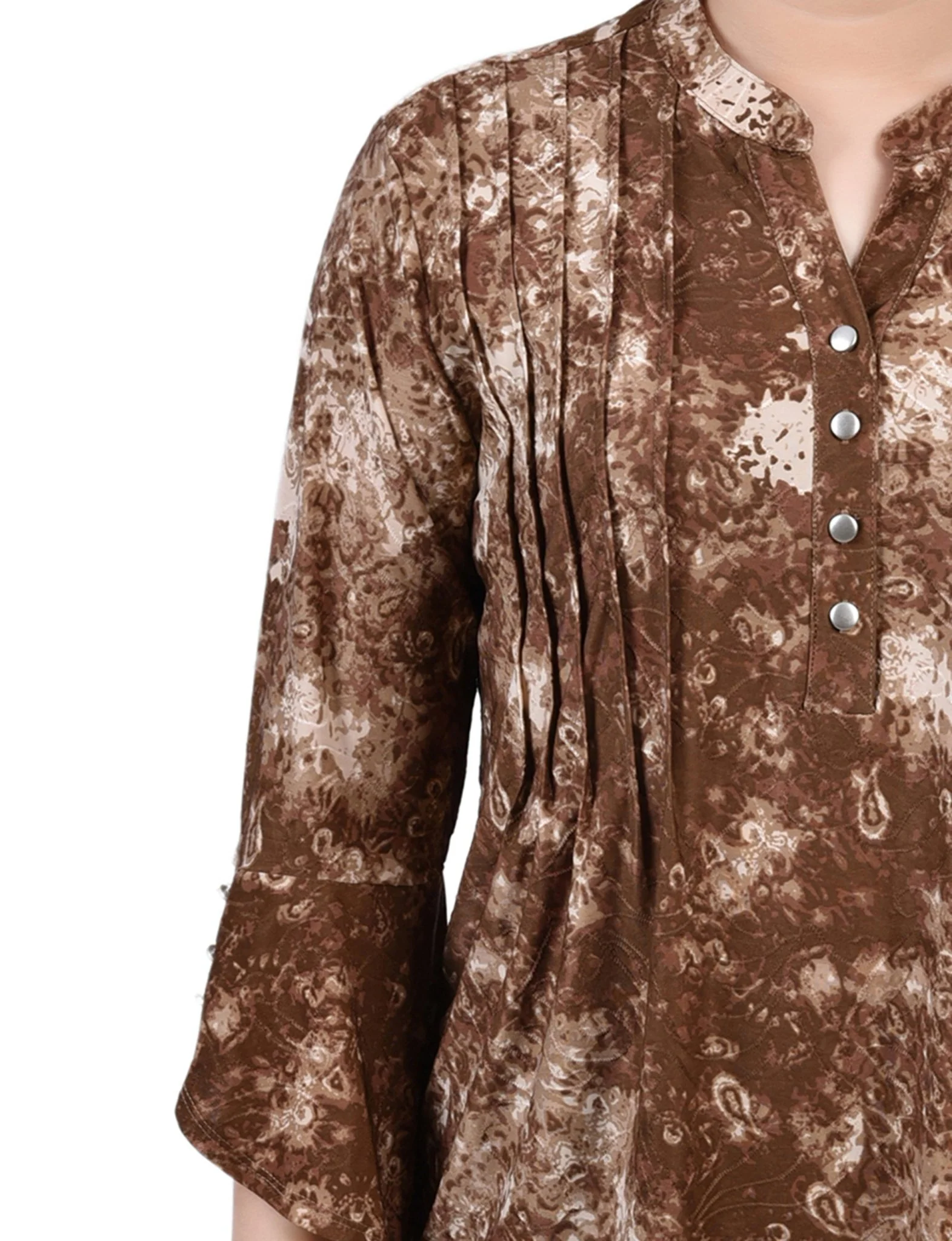Taupe Geobreeze 3/4 Sleeve Overlapped Bell Sleeve Y Neck Top - Petite - Image 3