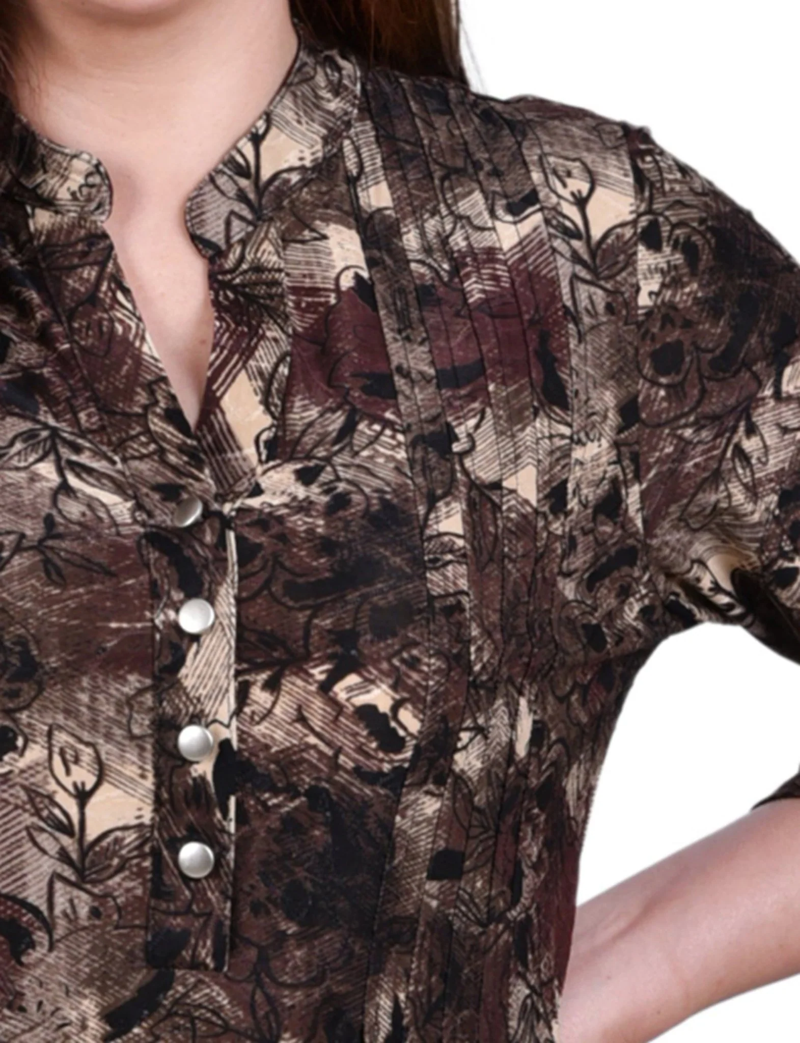 Taupe Milaflor 3/4 Sleeve Roll Tab Y Neck Top - Petite - Image 3