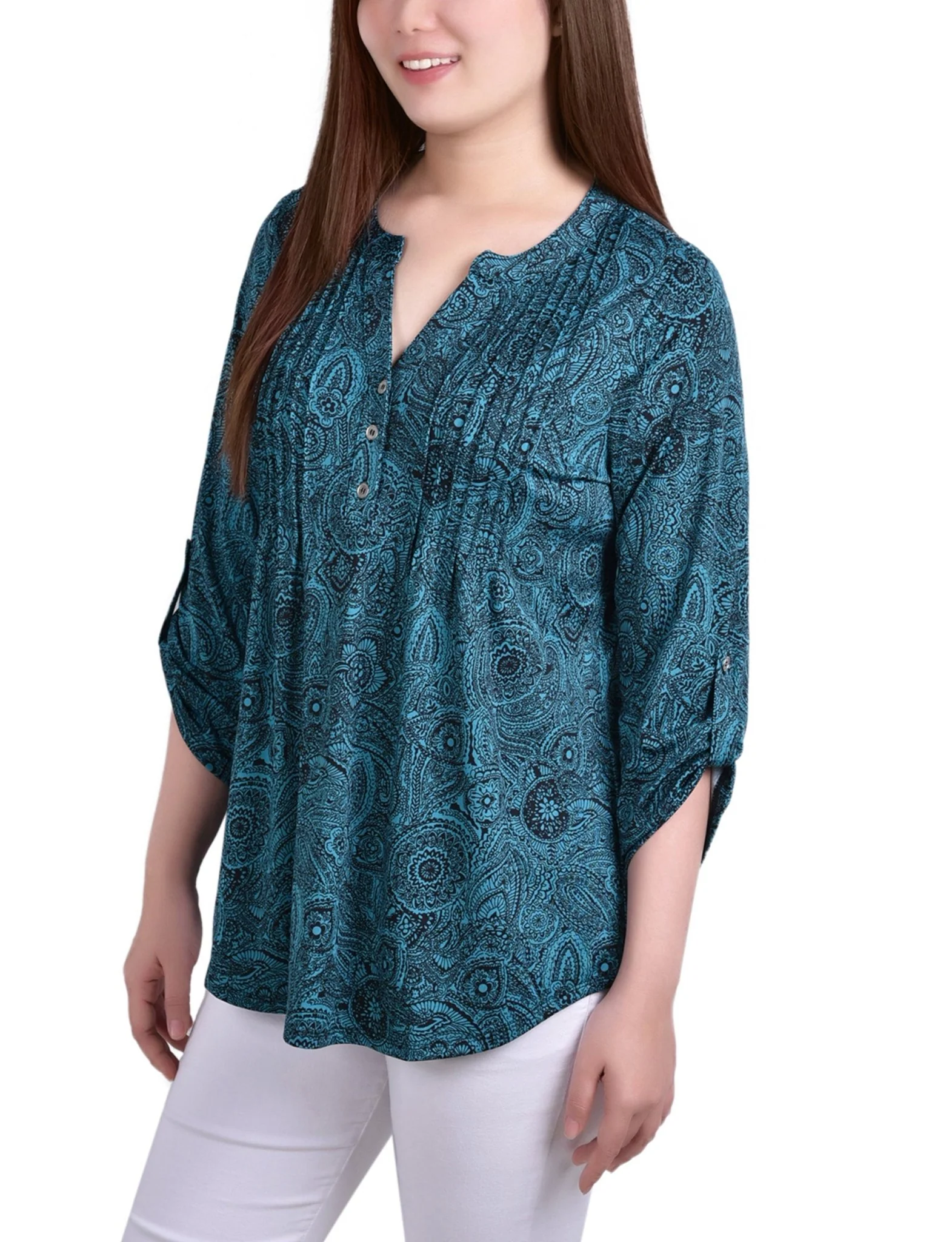 Teal Whisper 3/4 Bell Sleeve Pleat Front Y Neck Top - Image 2