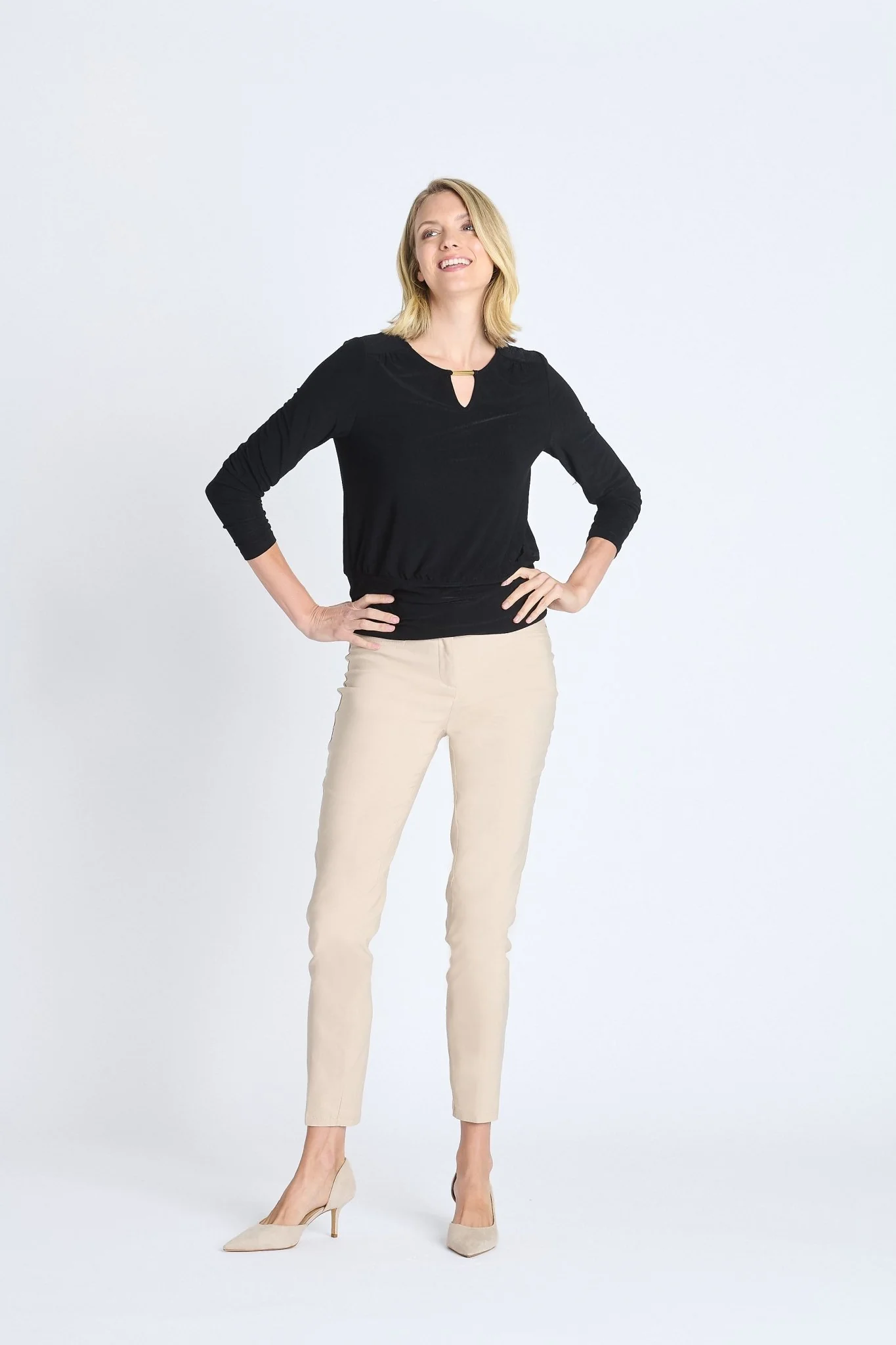 V-Neck Bar Trim Banded Top, Black - Image 6