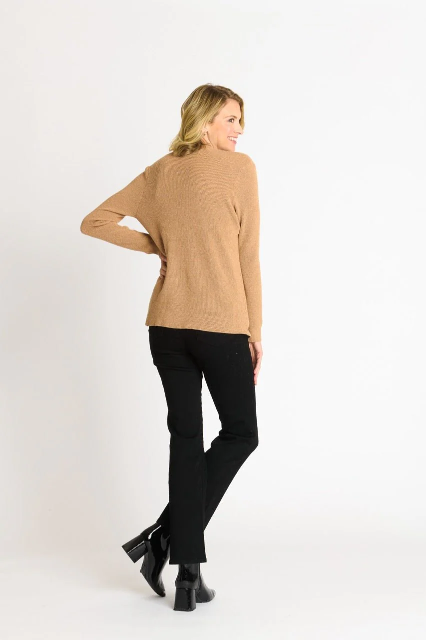 Waffle Stitch Cardigan Sweater with Pocket, Caramel Heather - Image 4