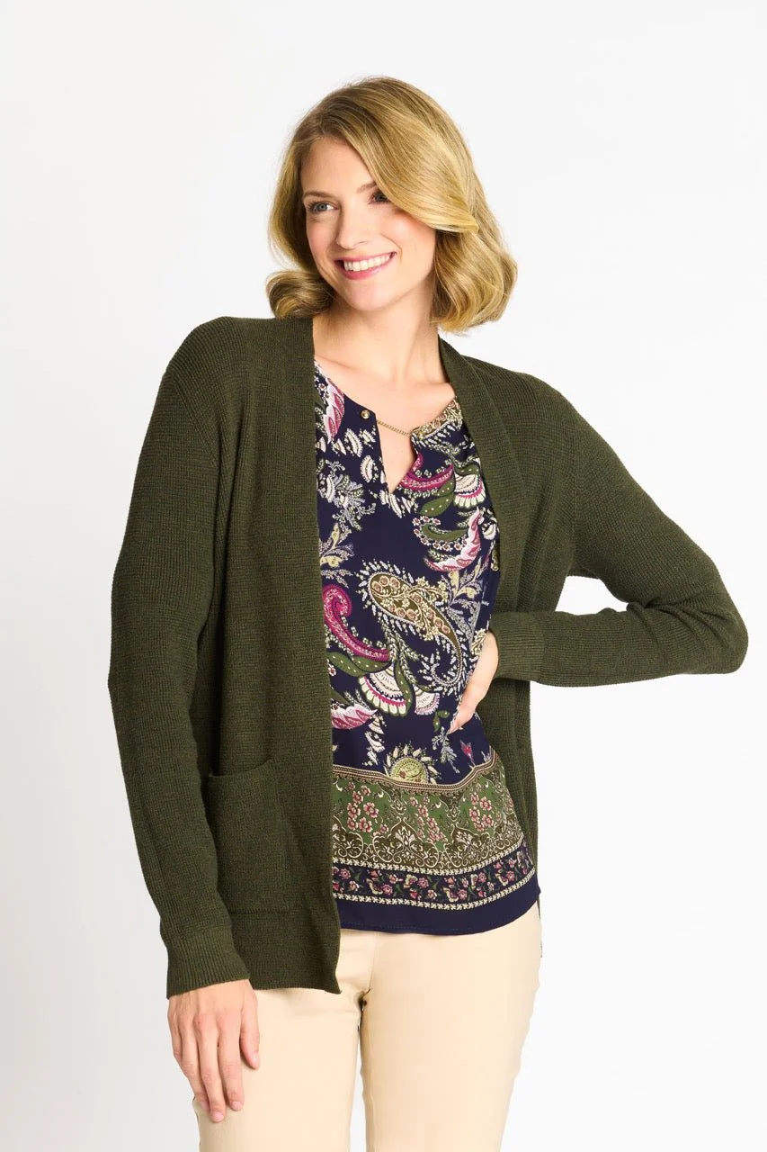Waffle Stitch Cardigan Sweater with Pocket, Fatigue Heather - Image 6