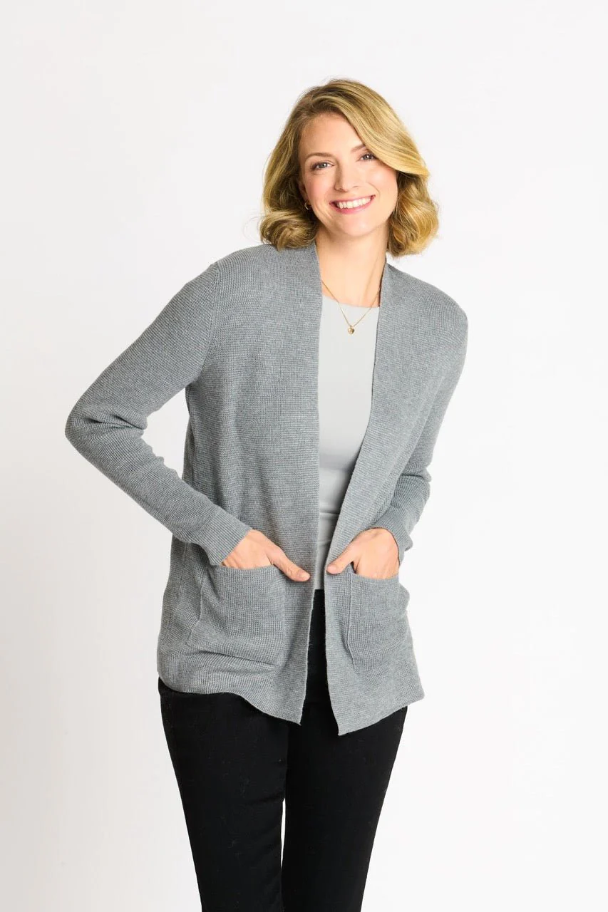 Waffle Stitch Cardigan Sweater with Pocket, Medium Grey Heather - Image 4