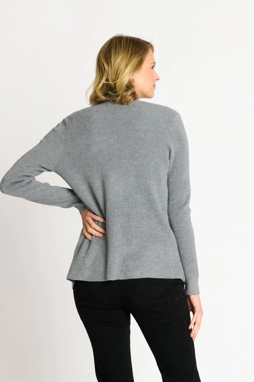 Waffle Stitch Cardigan Sweater with Pocket, Medium Grey Heather - Image 5