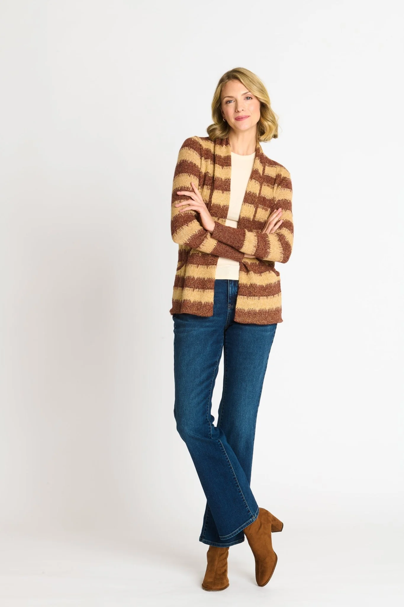Wave Stripe J-Pocket Cardigan Sweater, Caramel Heather - Image 2