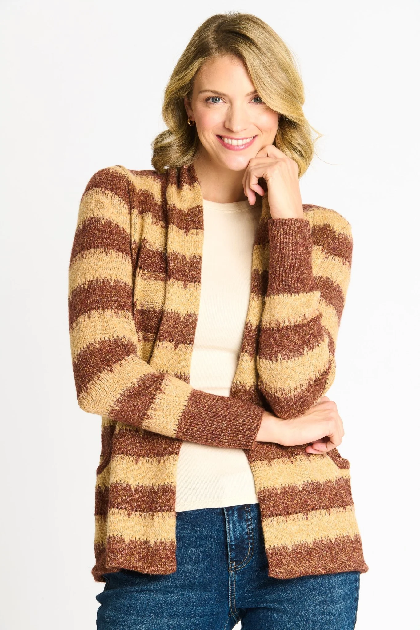 Wave Stripe J-Pocket Cardigan Sweater, Caramel Heather - Image 3