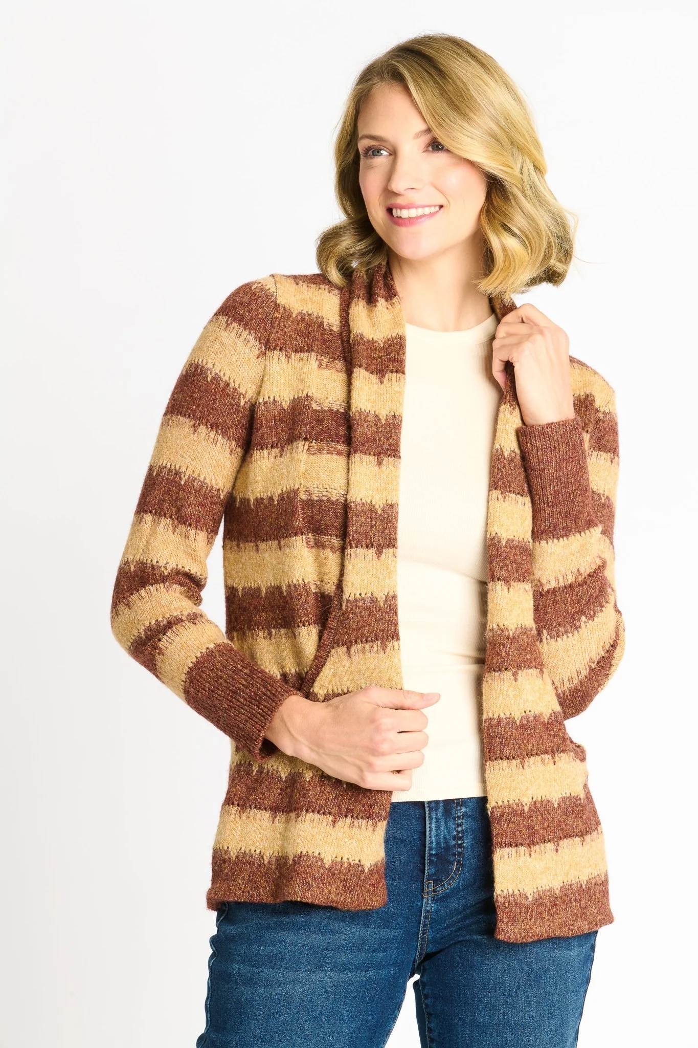 Wave Stripe J-Pocket Cardigan Sweater, Caramel Heather - Image 5