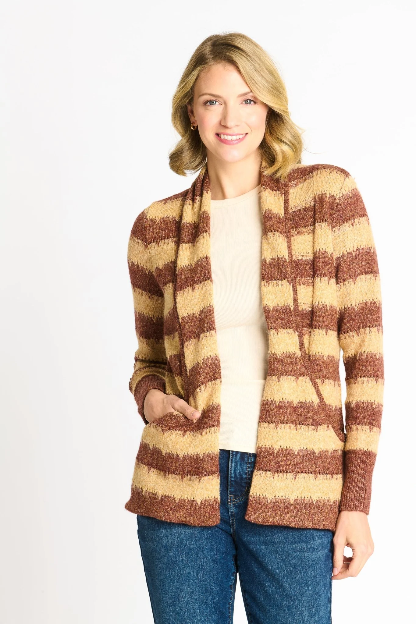 Wave Stripe J-Pocket Cardigan Sweater, Caramel Heather - Image 6