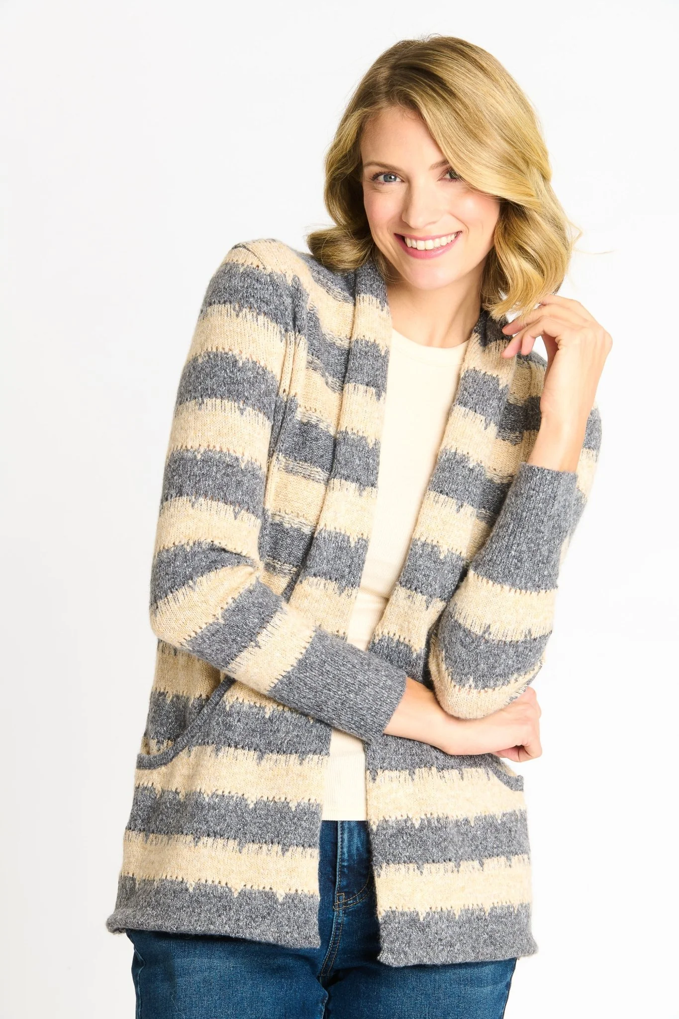 Wave Stripe J-Pocket Cardigan Sweater, Light Heather - Image 3