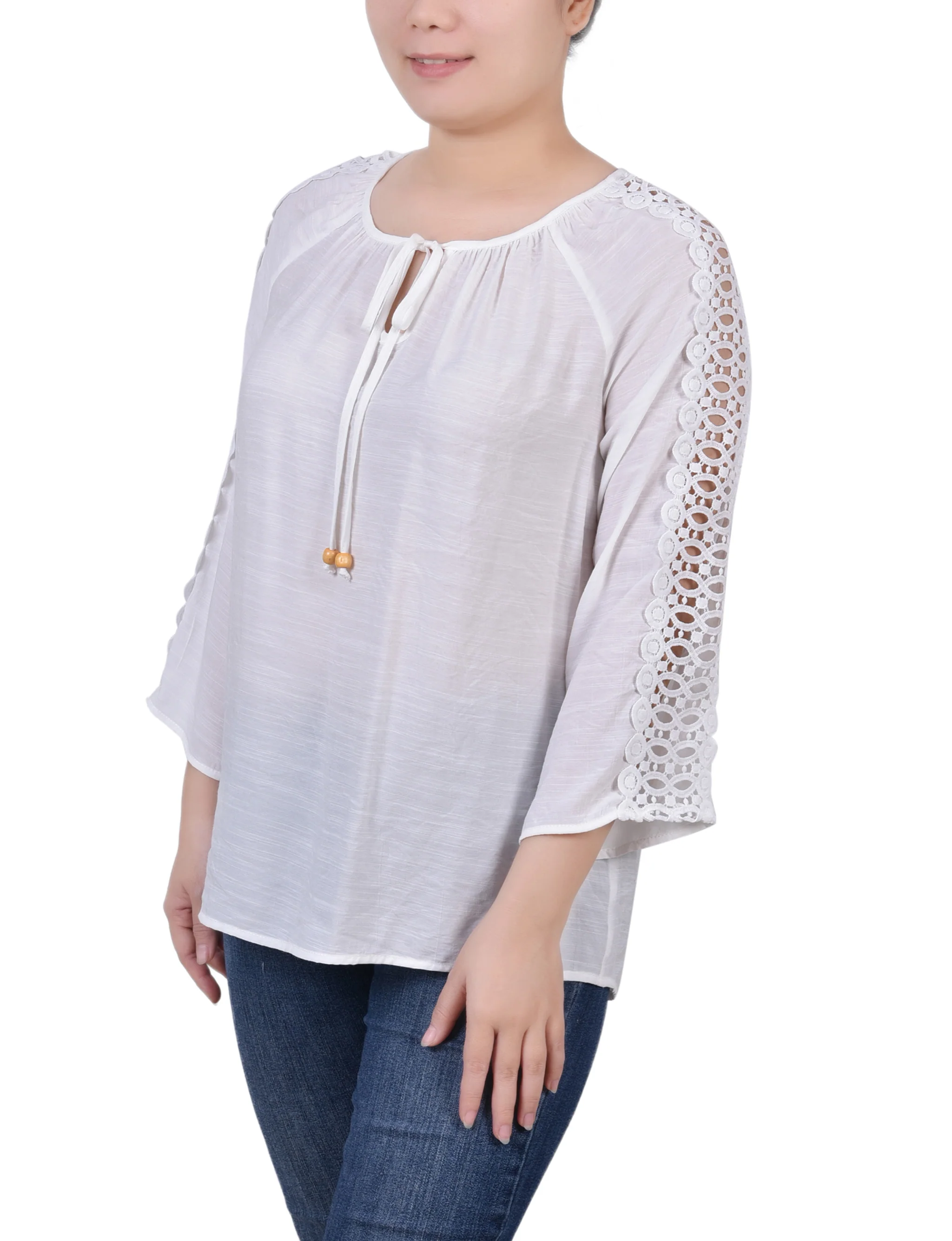 White 3/4 Sleeve Peasant Blouse - Petite - Image 2