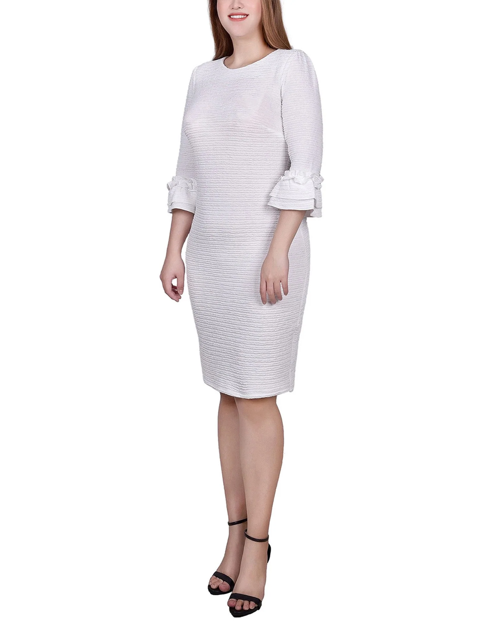 White 3/4 Sleeve Textured Knit Dress - Image 2