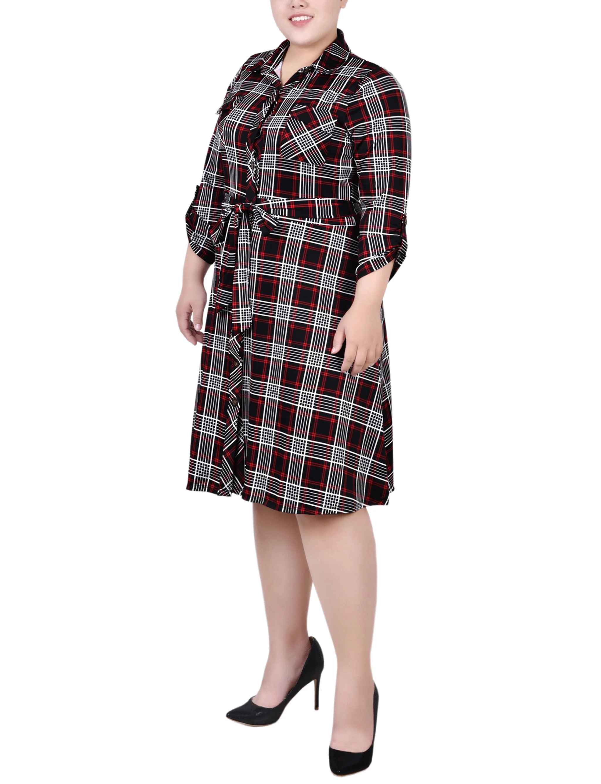 White 3/4 Slv Roll Tab Shirtdress - Plus Size - Image 2