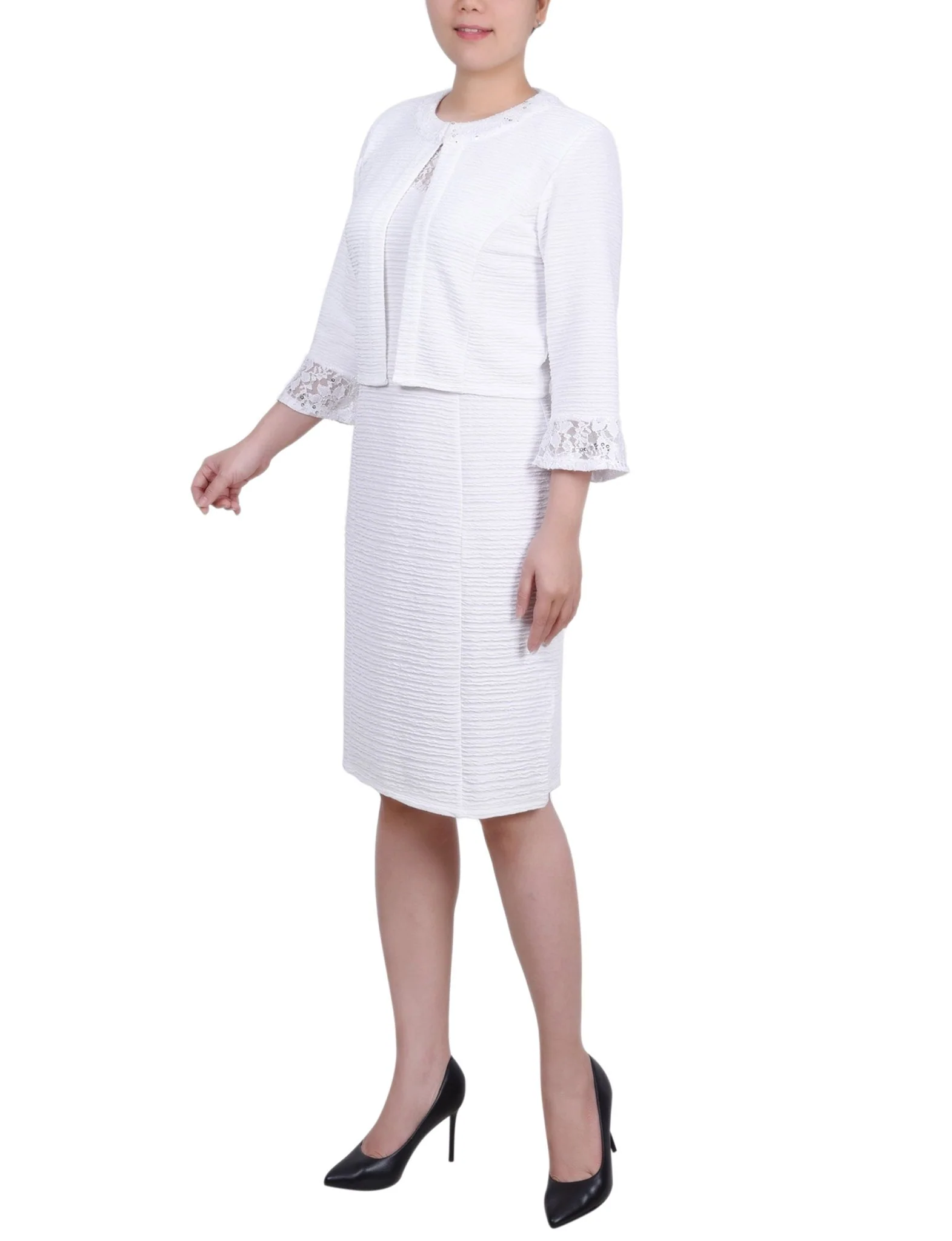 White Two Piece Novelty Knit and Lace Dress Set - Petite - Image 2