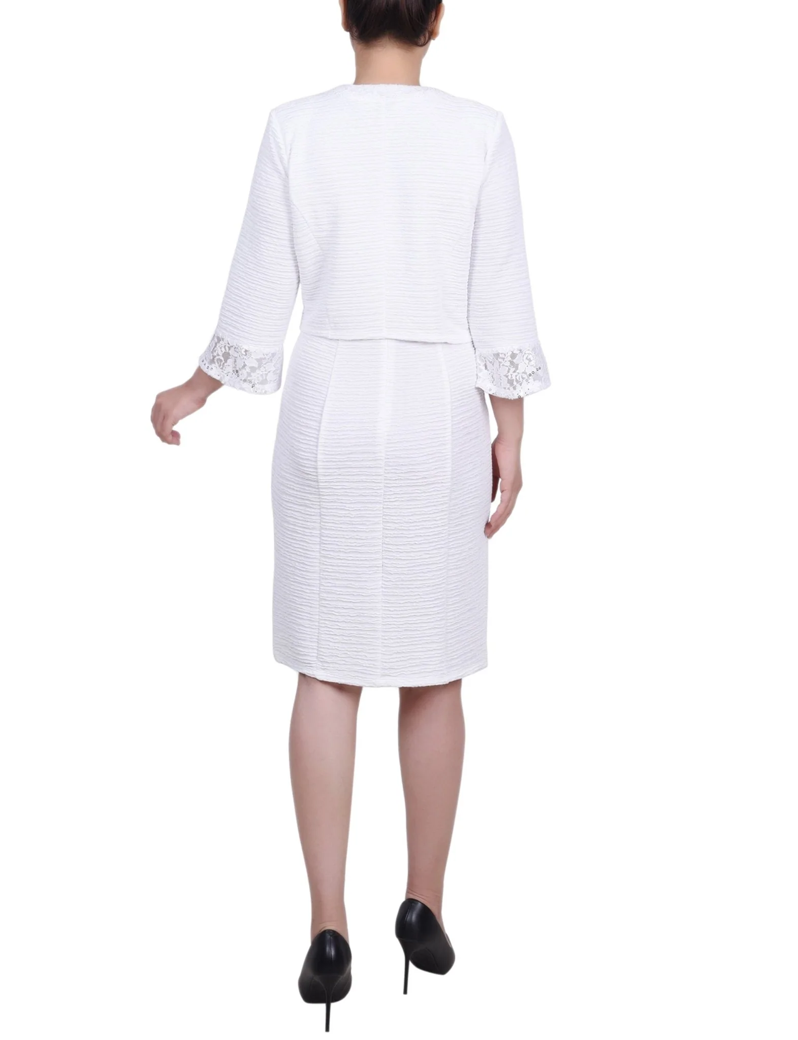 White Two Piece Novelty Knit and Lace Dress Set - Petite - Image 3