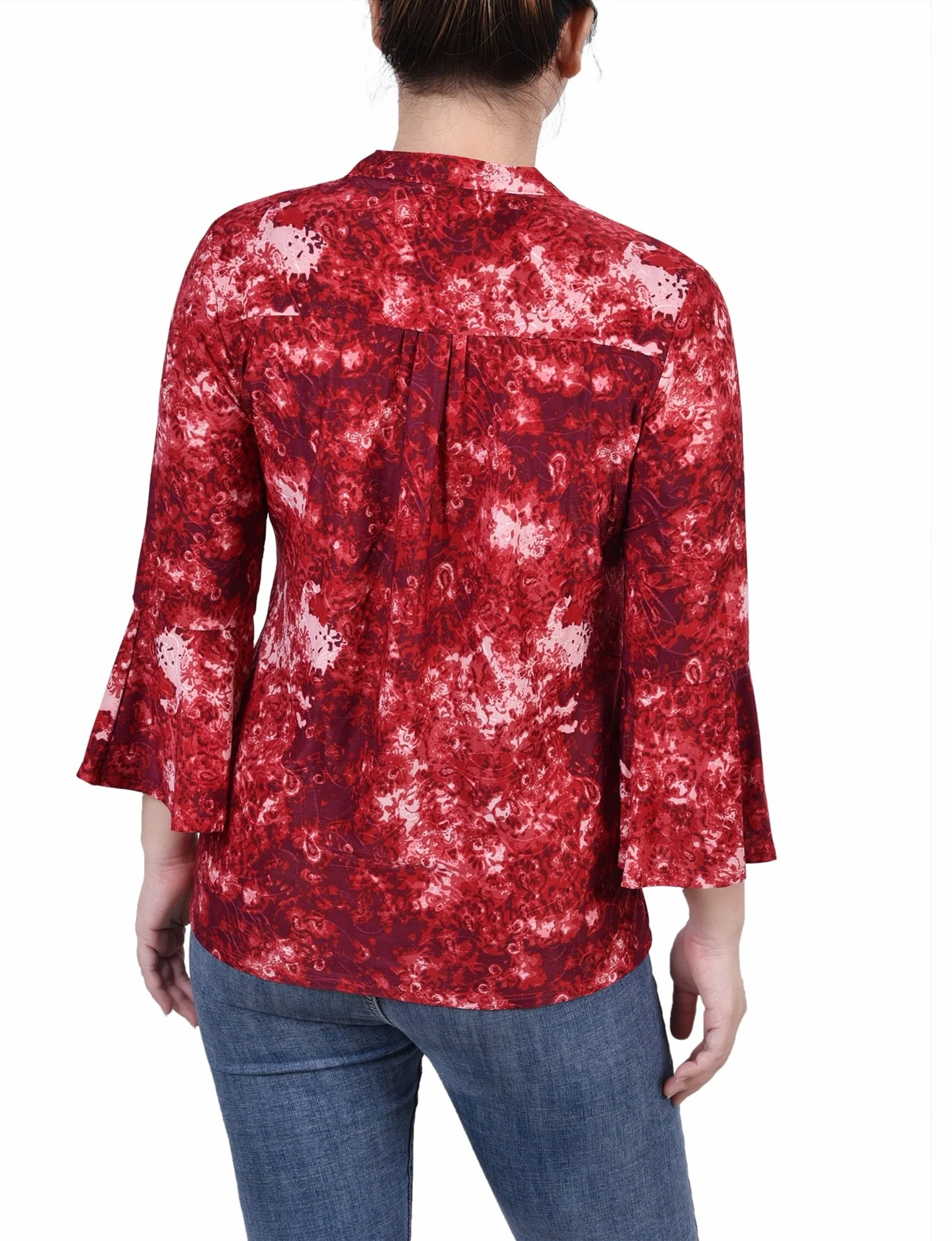 Wine Geobreeze 3/4 Bell Sleeve Pleat Front Y Neck Top - Petite - Image 4