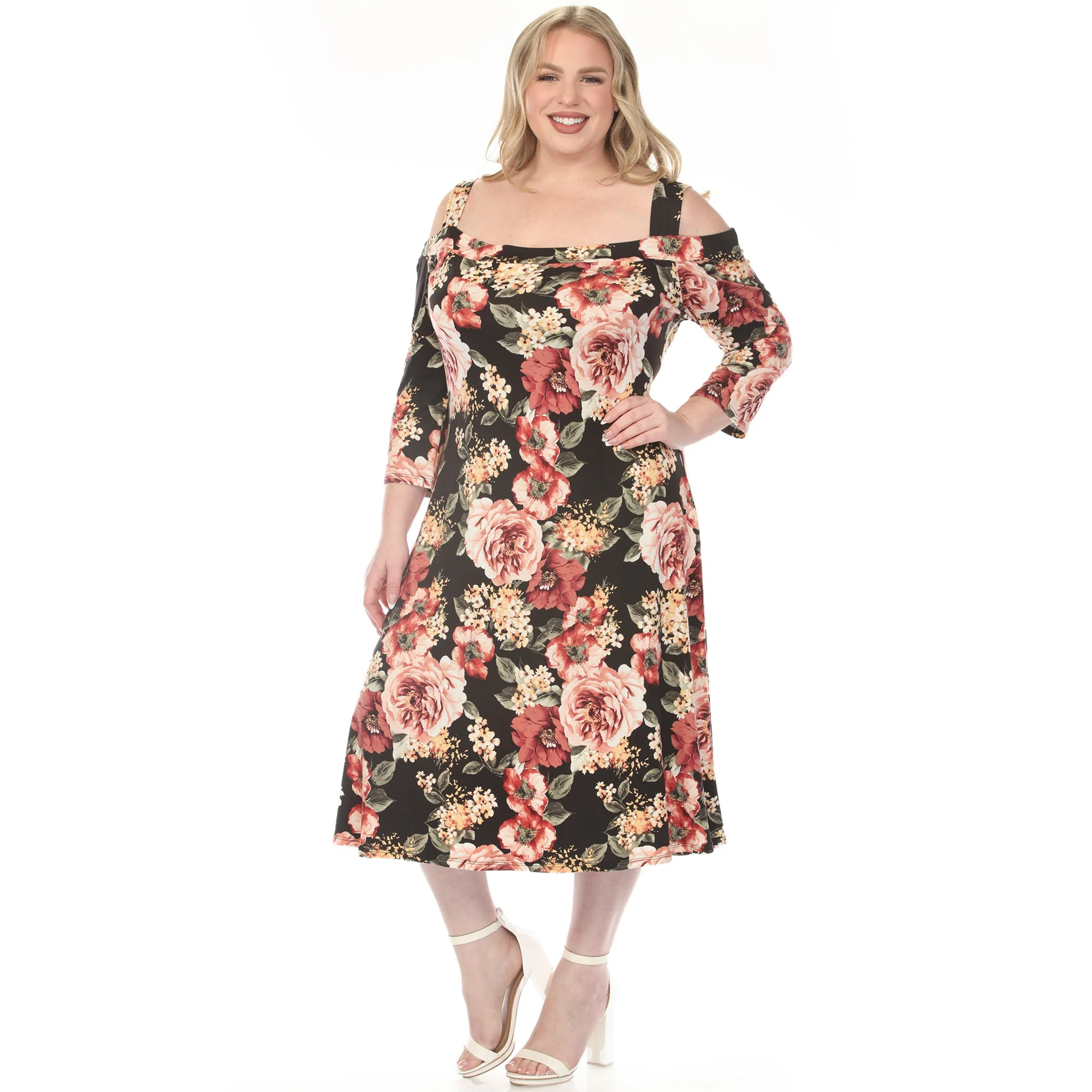 Women's  Cold Shoulder 3/4 Sleeve Dress - Black - Plus - Image 5
