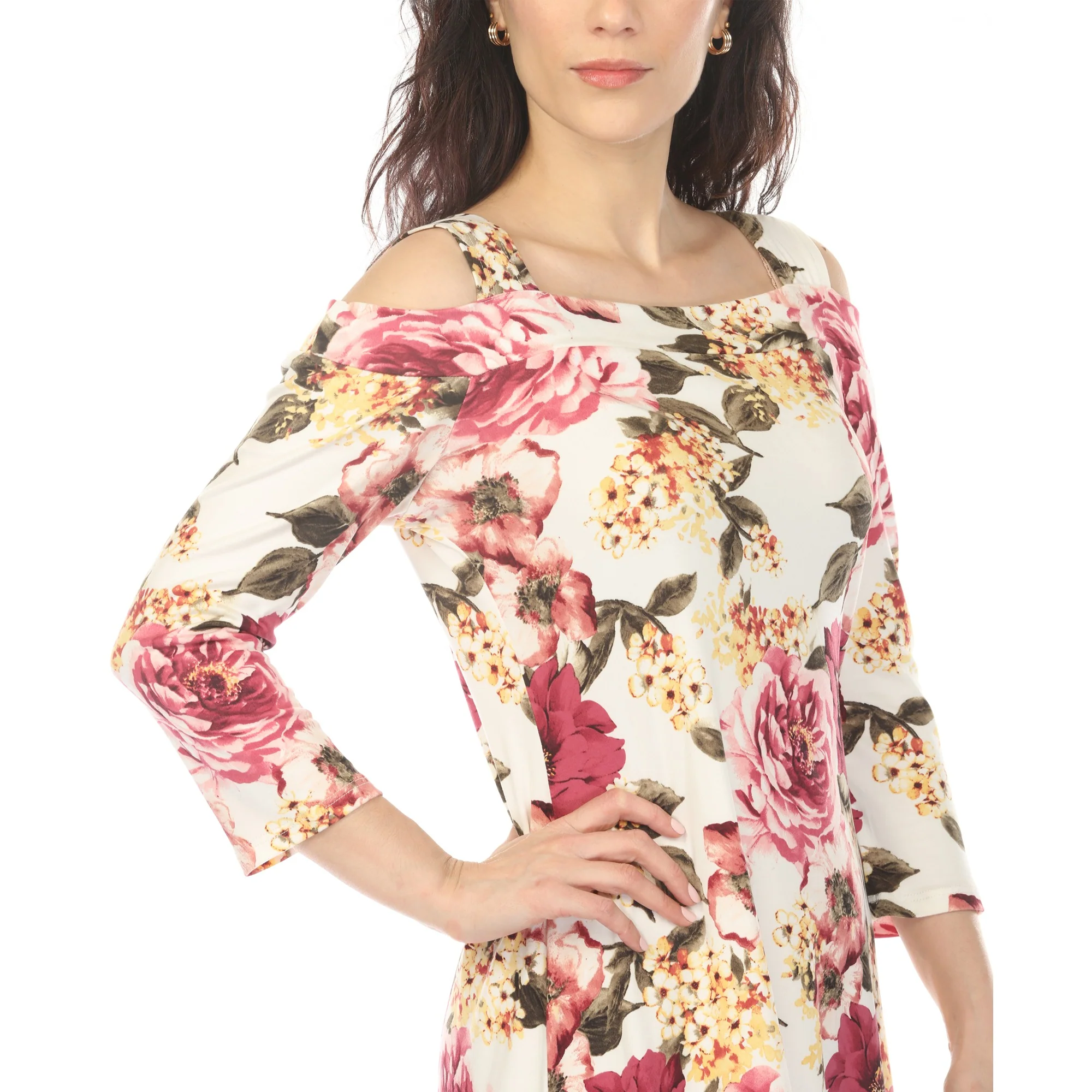 Women's Cold Shoulder 3/4 Sleeve Dress - Ivory Mauve - Image 4