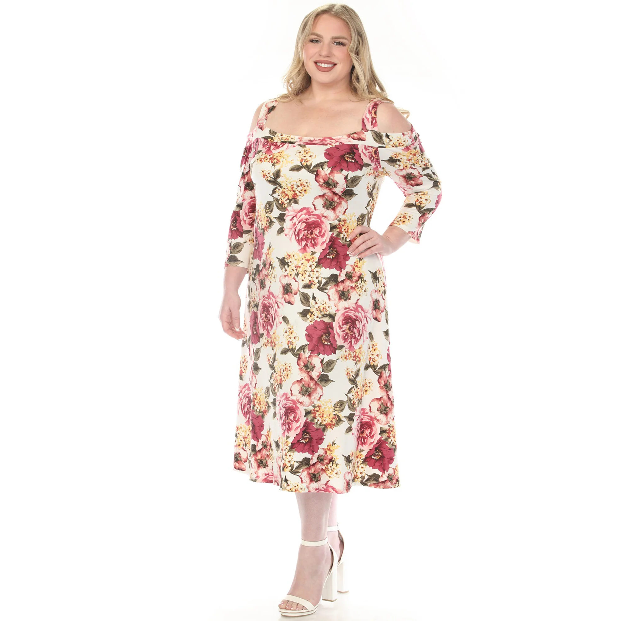 Women's  Cold Shoulder 3/4 Sleeve Dress - Ivory Mauve - Plus - Image 2