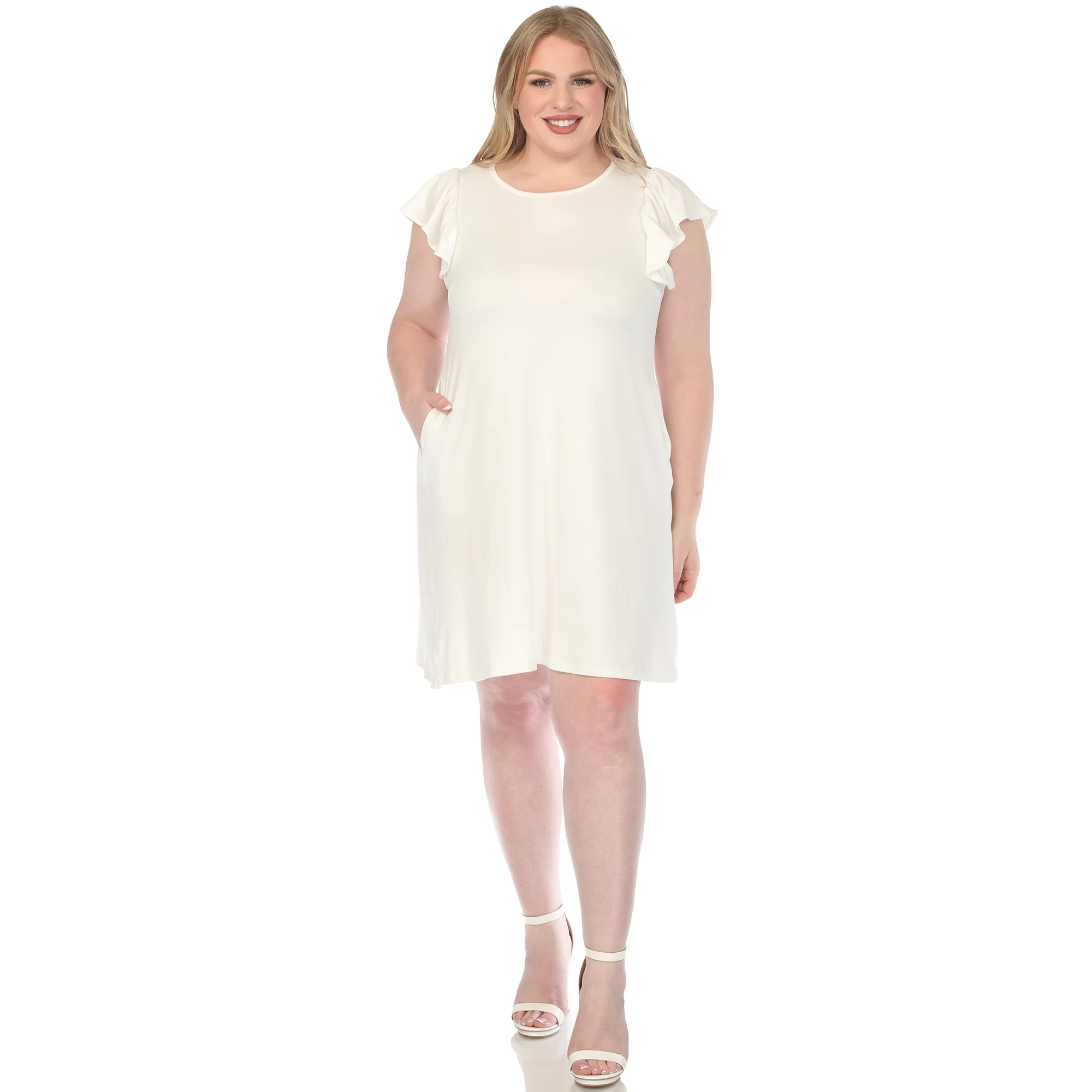 Women's  Crew Neck Ruffle Sleeve Dress - Off White - Plus - Image 5