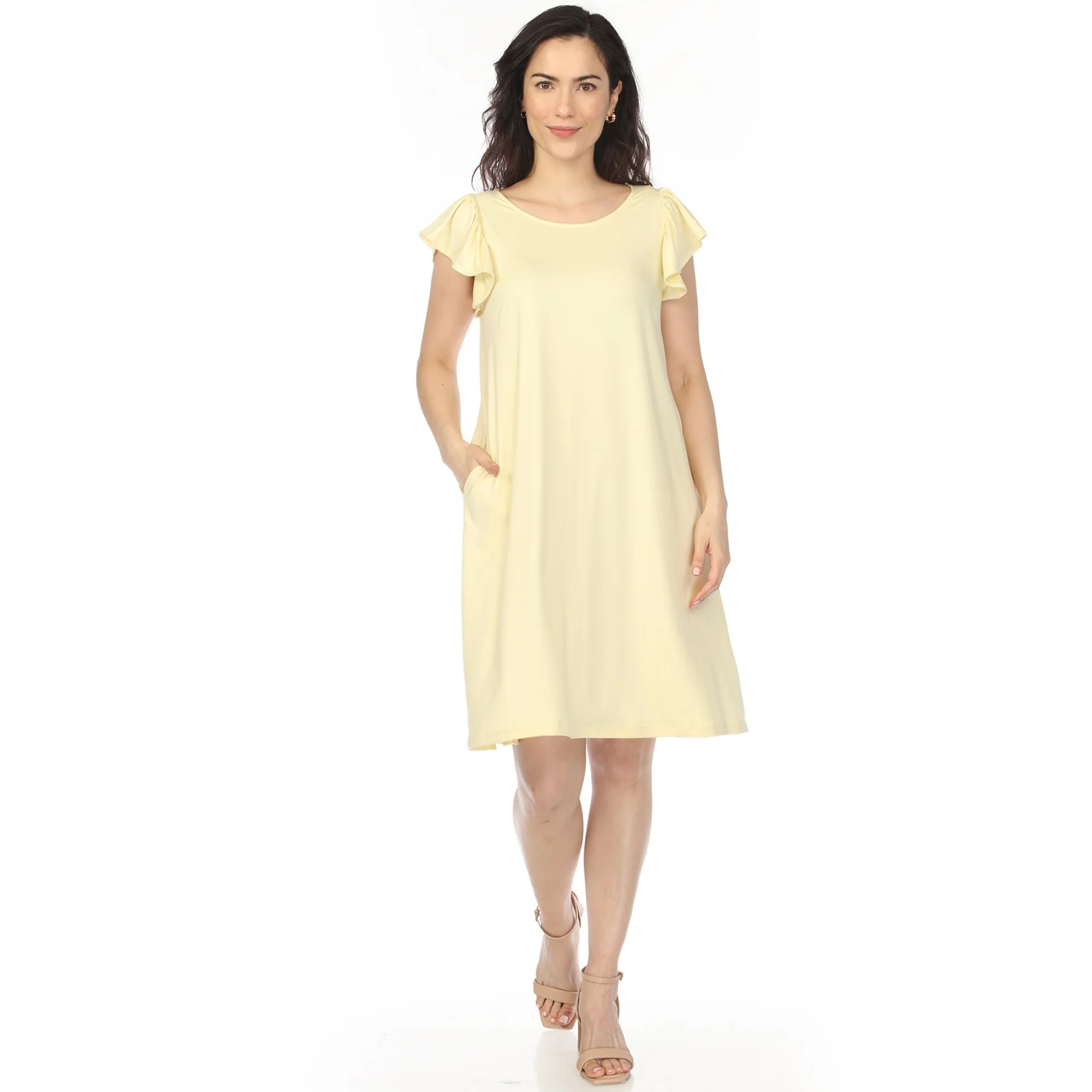 Women's Crew Neck Ruffle Sleeve Dress - Yellow - Image 5