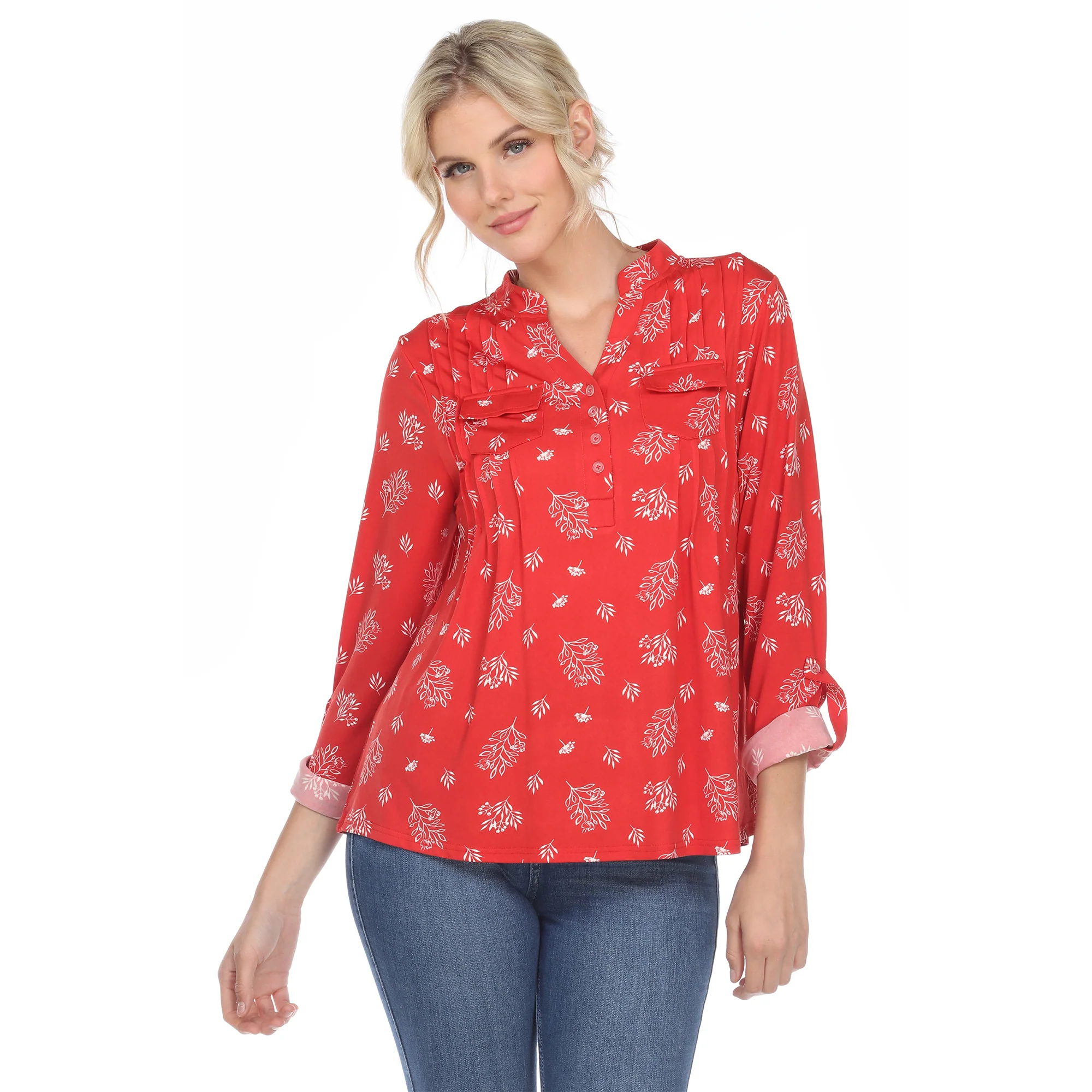 Women's Pleated Long Sleeve Leaf Print Blouse - Image 11