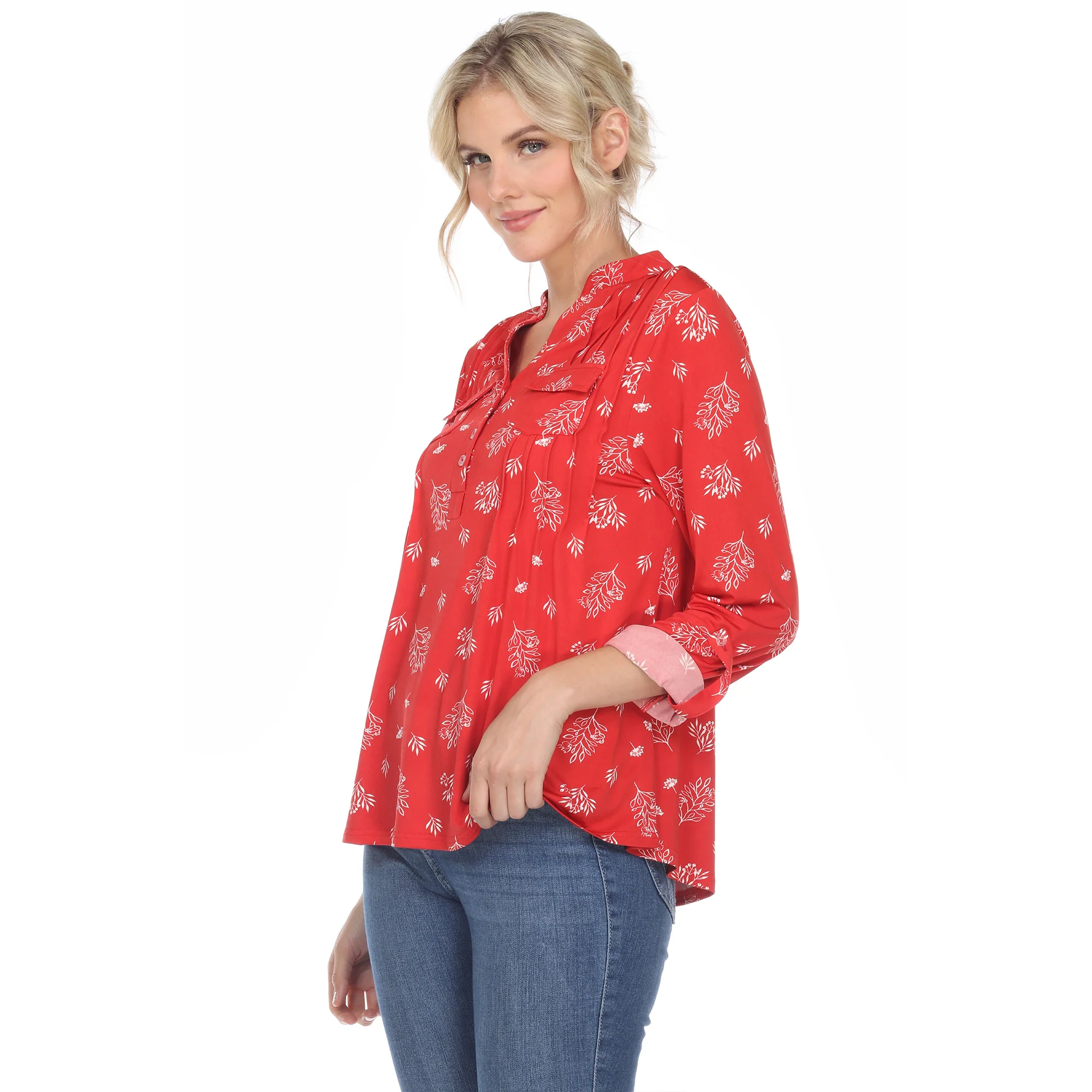 Women's Pleated Long Sleeve Leaf Print Blouse - Image 12