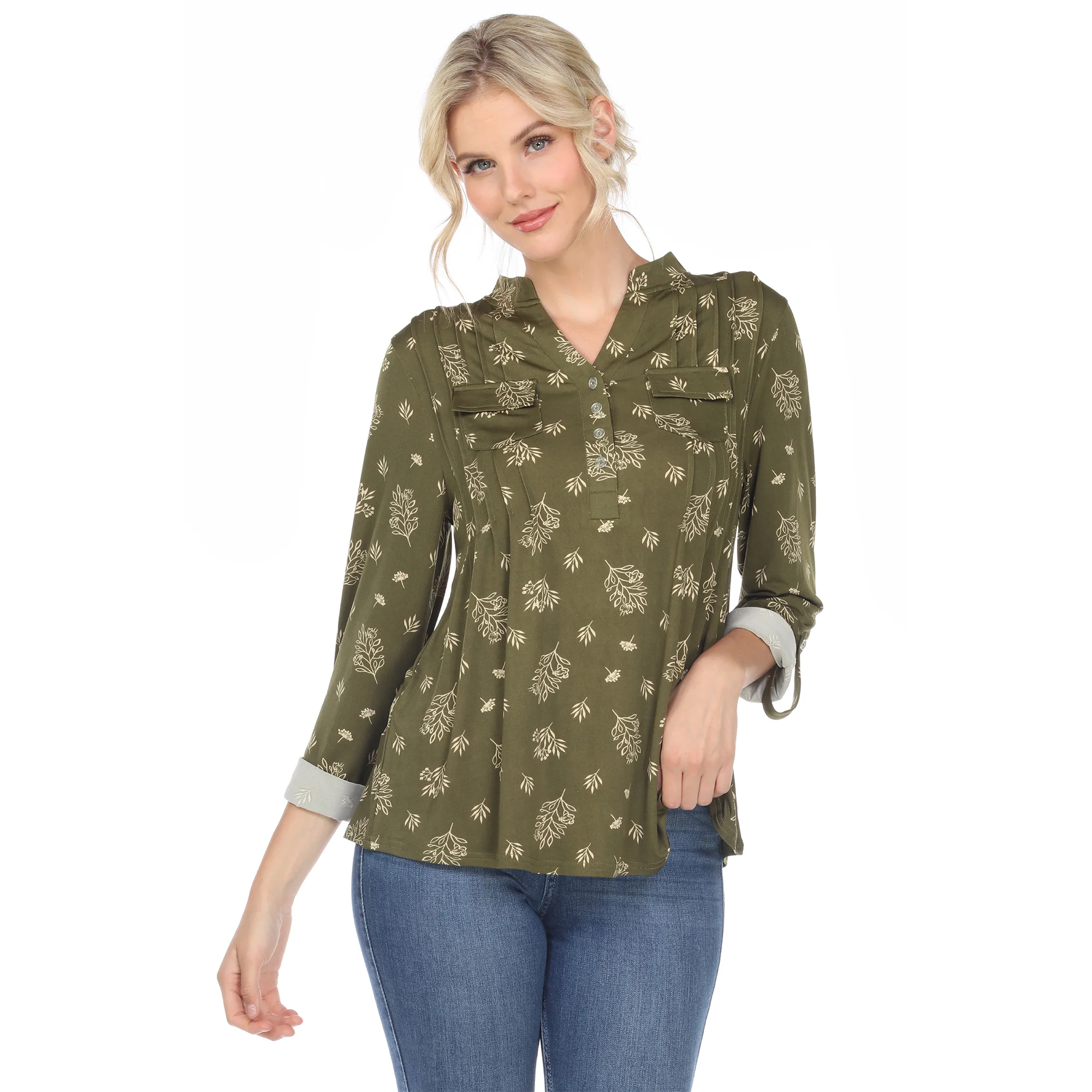 Women's Pleated Long Sleeve Leaf Print Blouse - Image 16