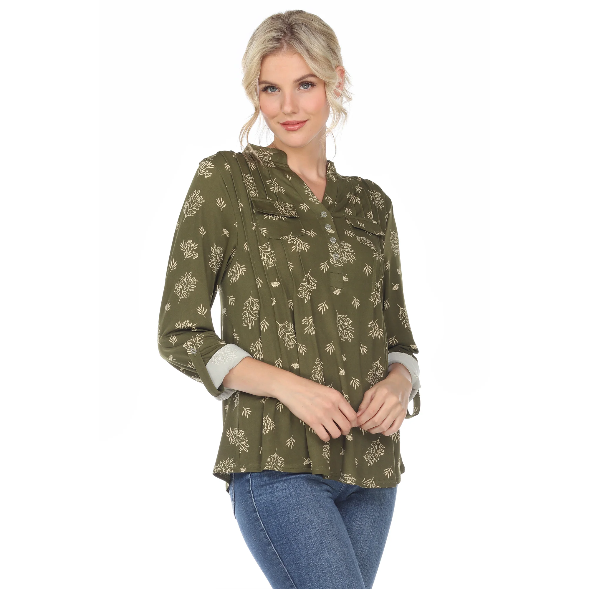 Women's Pleated Long Sleeve Leaf Print Blouse - Image 17