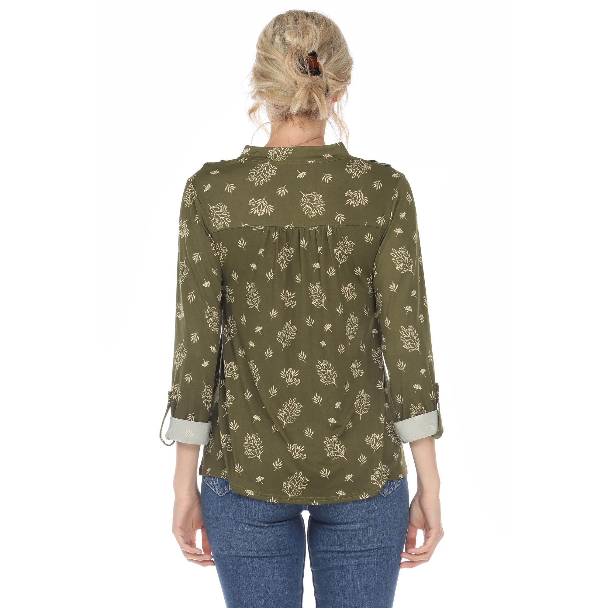 Women's Pleated Long Sleeve Leaf Print Blouse - Image 18