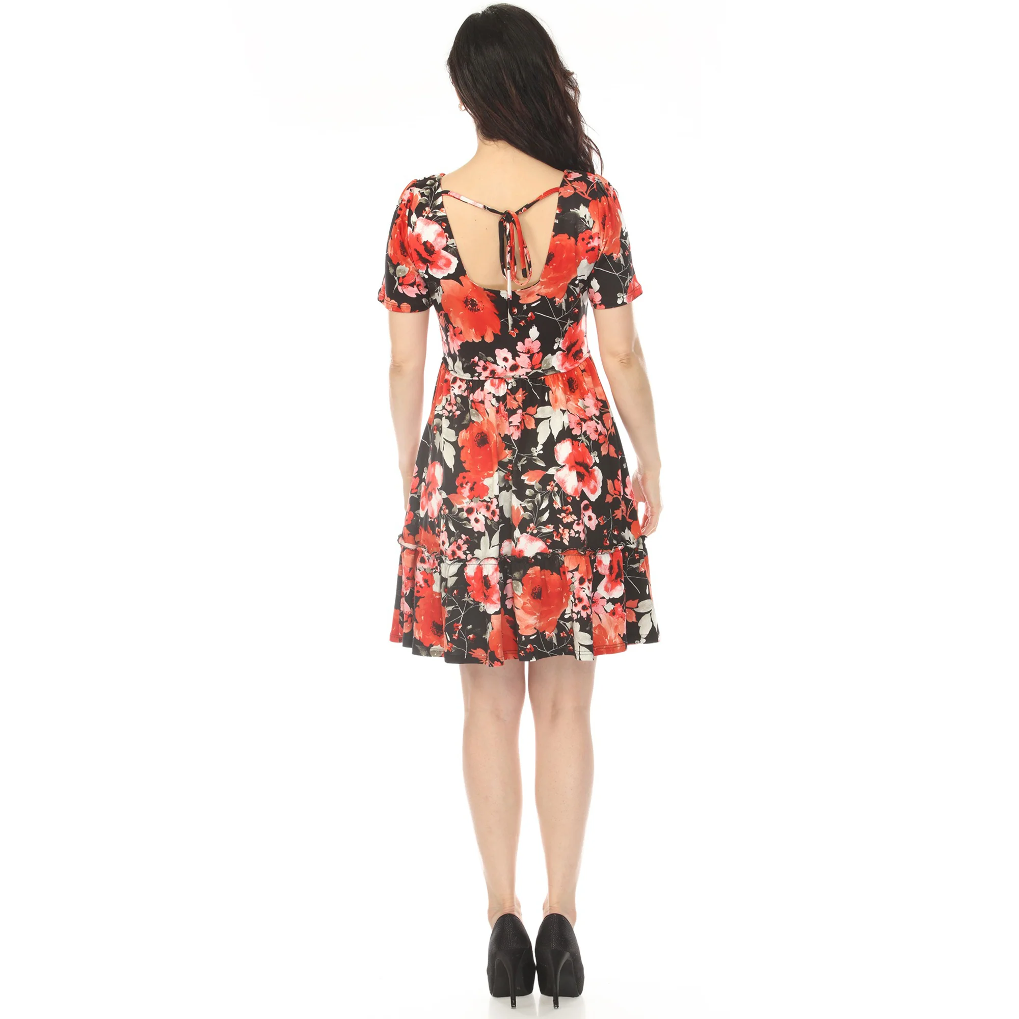 Women's Square Neck Short Sleeve Floral Dress - Black Red - Image 3