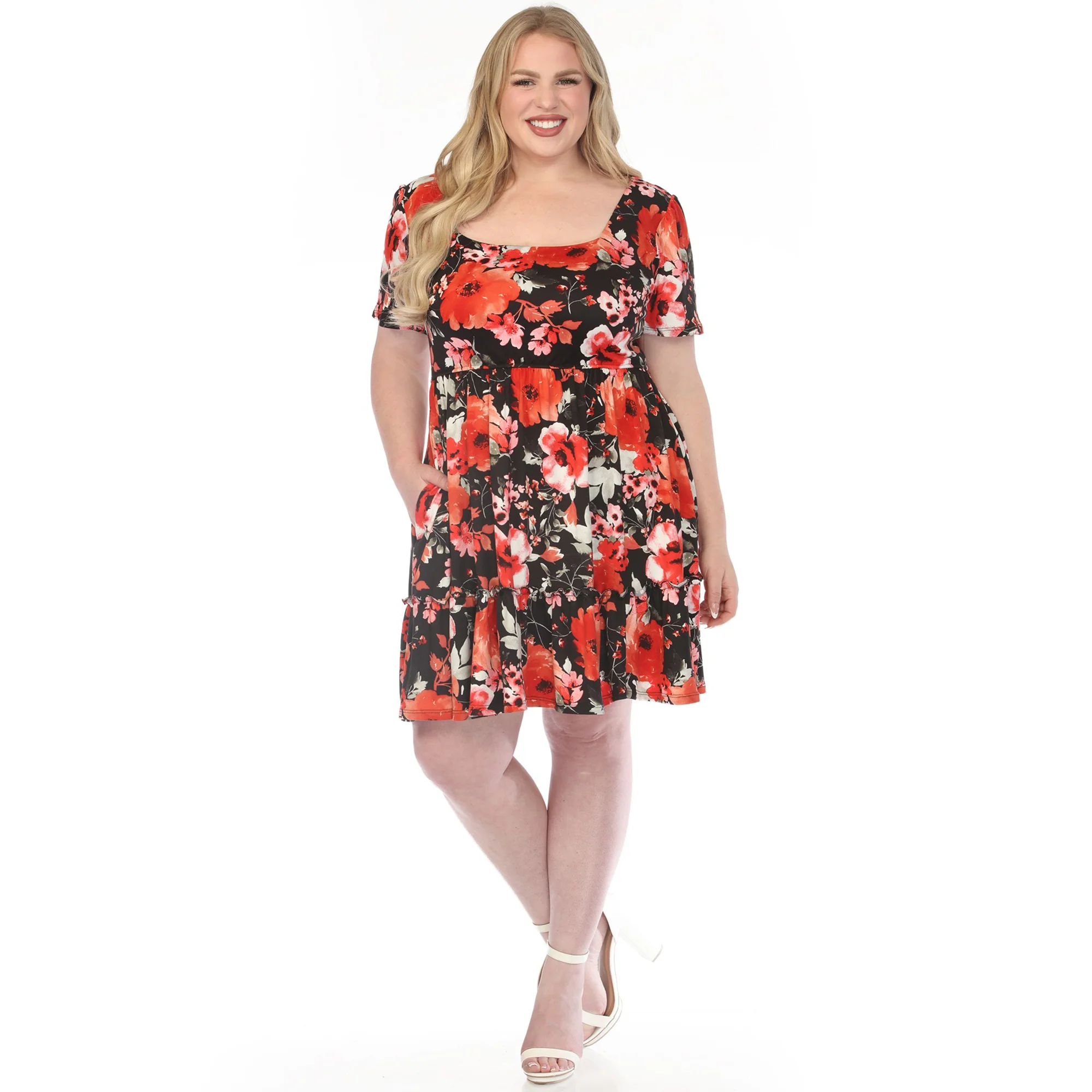 Women's  Square Neck Short Sleeve Floral Dress - Black Red - Plus - Image 5