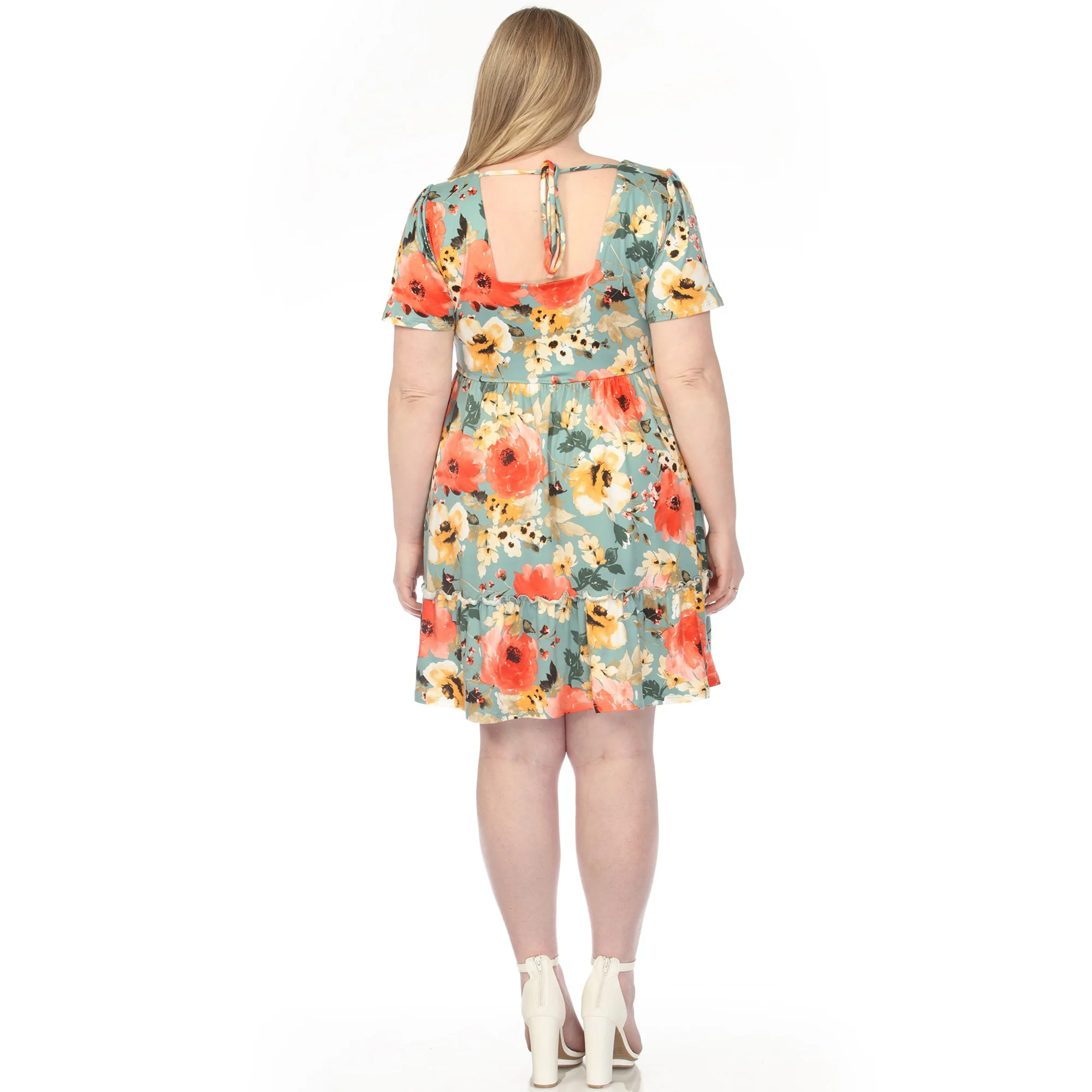 Women's  Square Neck Short Sleeve Floral Dress - Sage Coral - Plus - Image 3