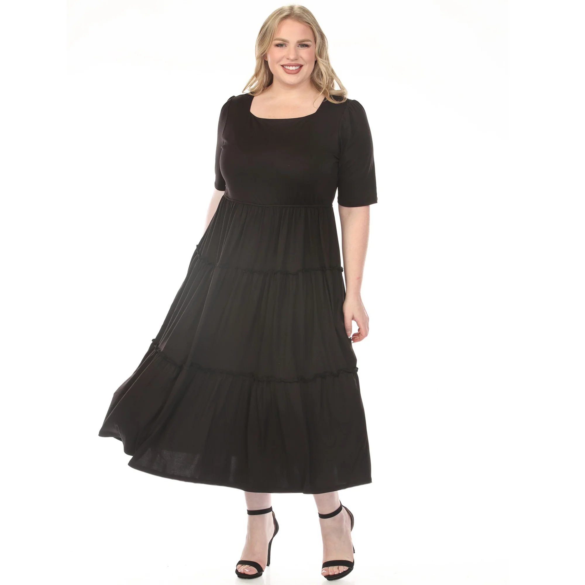Women's  Square Neck Short Sleeve Tiered Dress - Black - Plus - Image 5