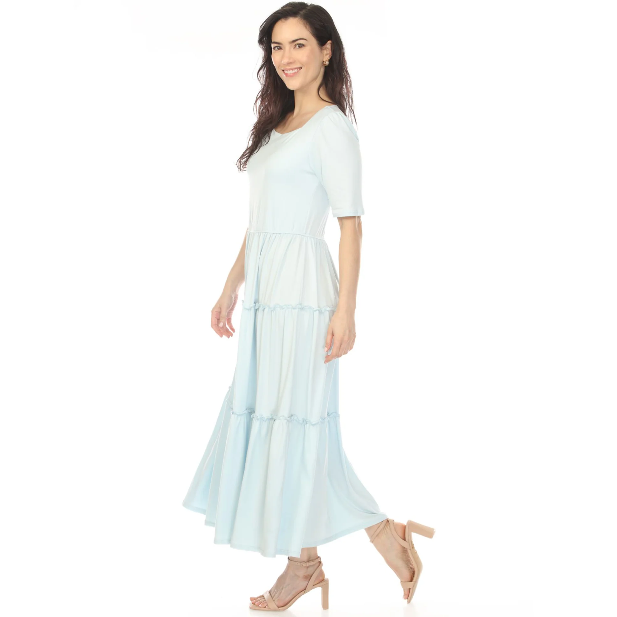 Women's Square Neck Short Sleeve Tiered Dress - Dusty Blue - Image 2