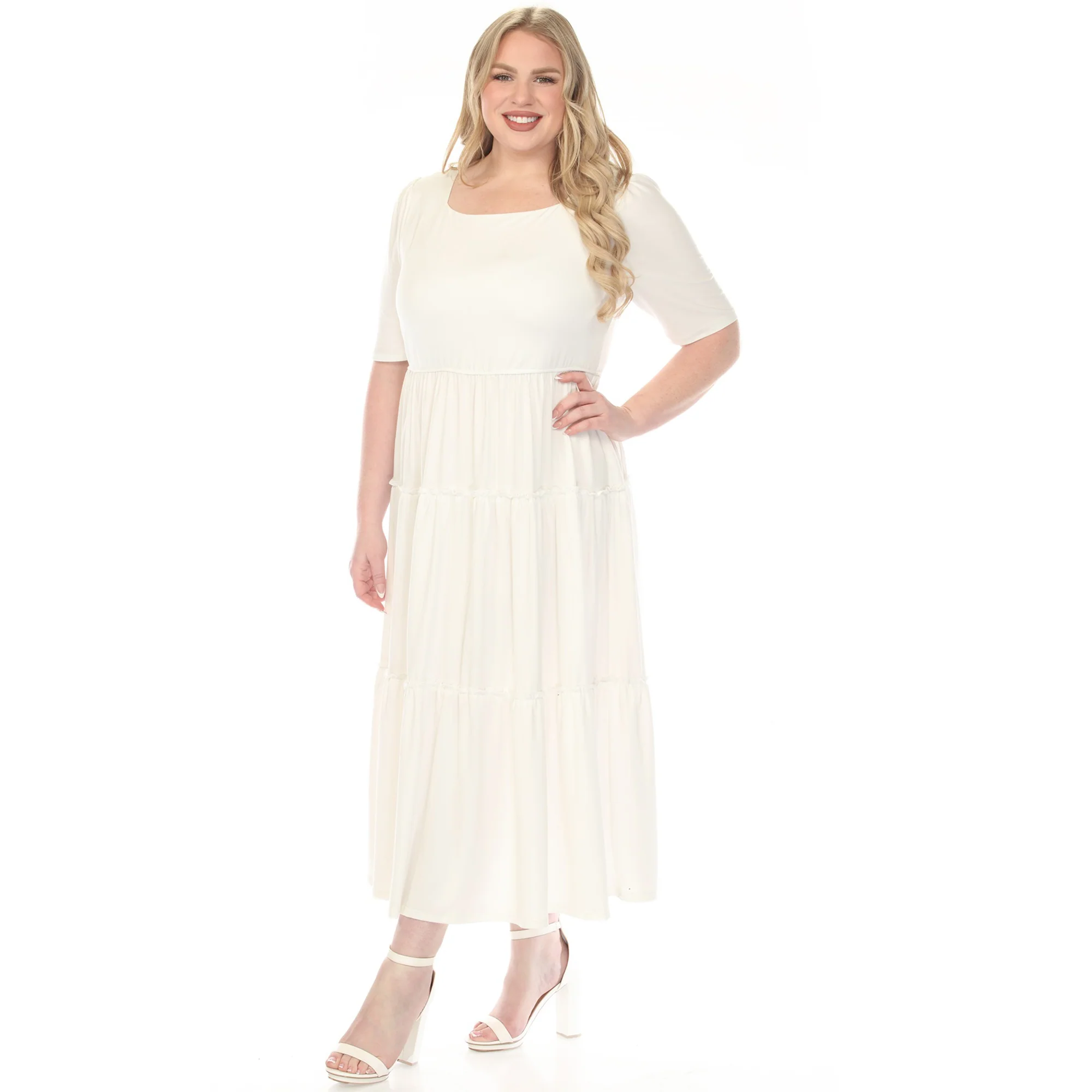 Women's  Square Neck Short Sleeve Tiered Dress - Off White - Plus - Image 2