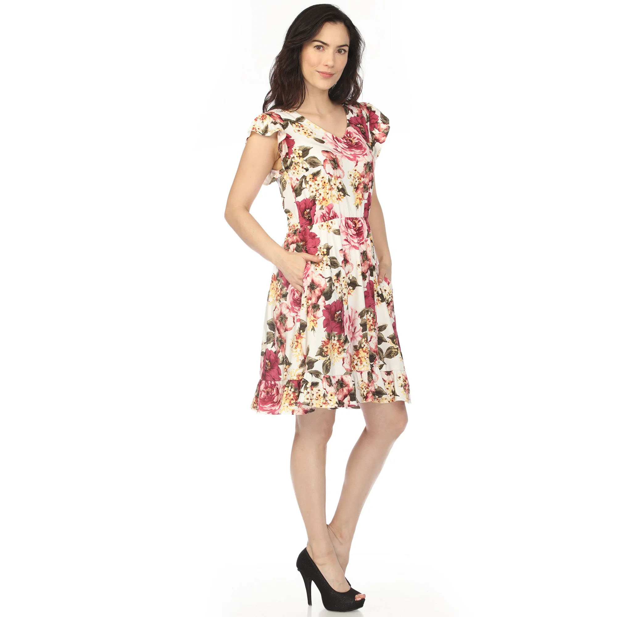 Women's V-Neck Empire Dress - Ivory Mauve - Image 2