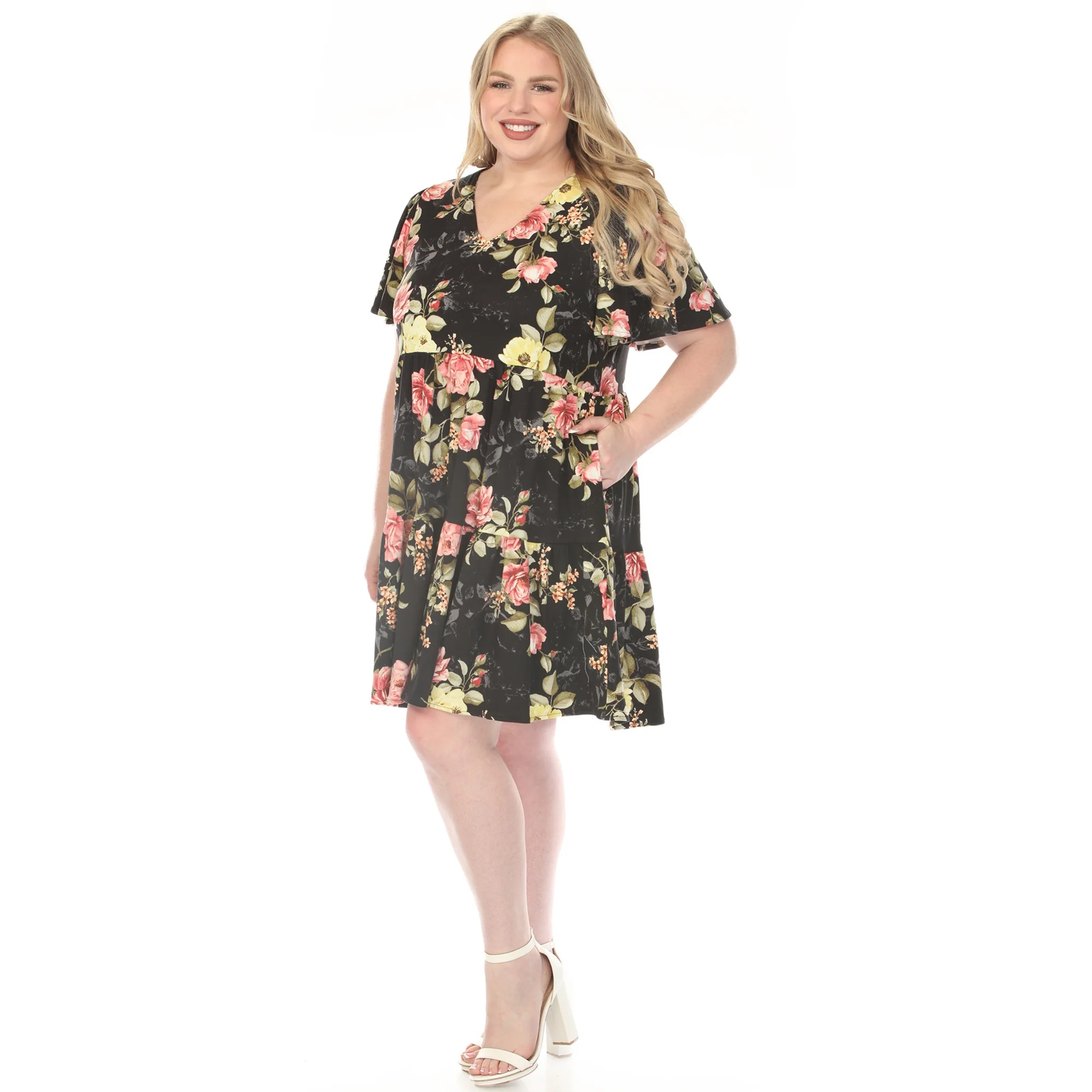 Women's  V-Neck Tropical Flower Short Sleeve Dress - Black - Plus - Image 2