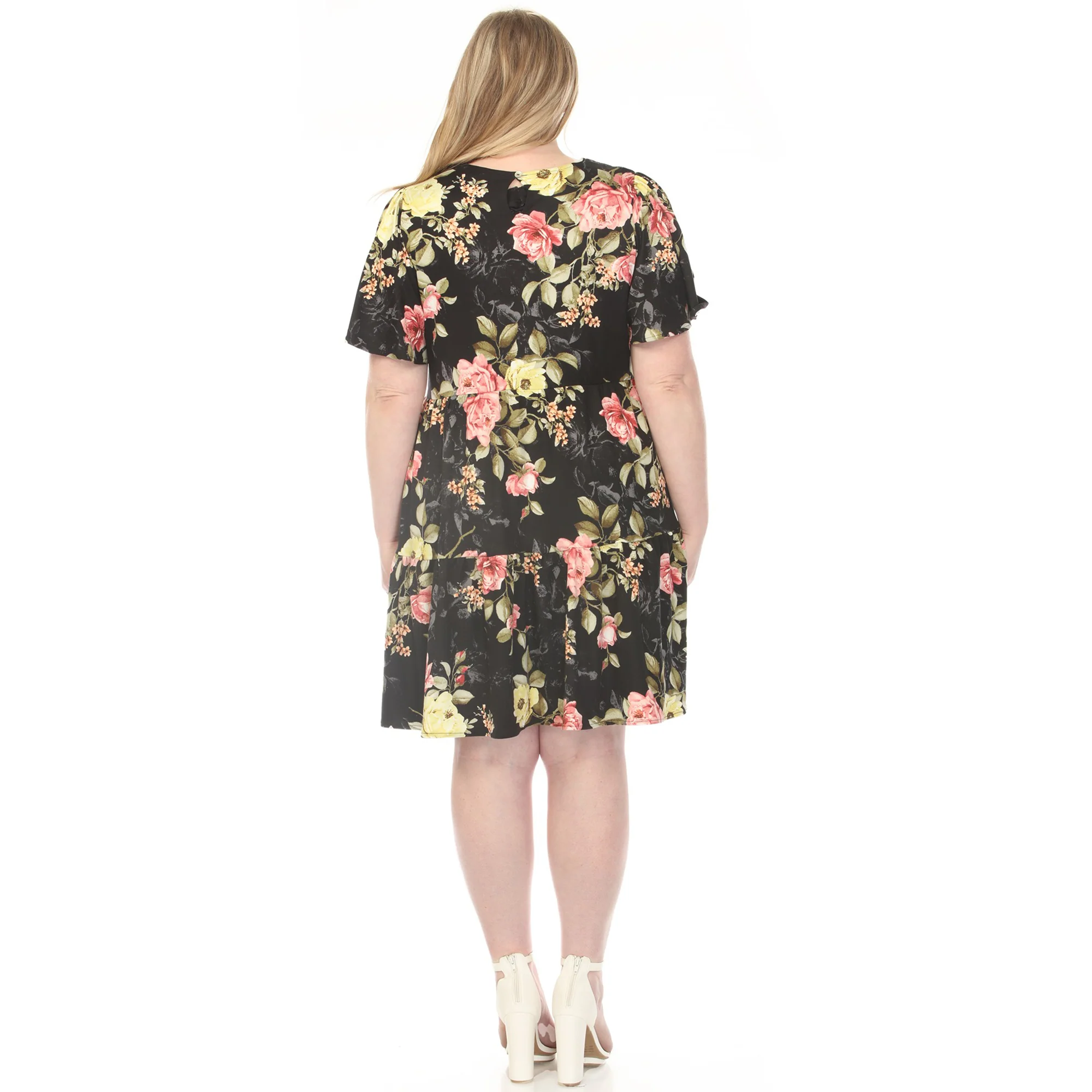 Women's  V-Neck Tropical Flower Short Sleeve Dress - Black - Plus - Image 3